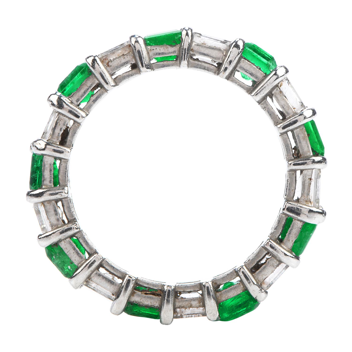 Art Deco Asscher Diamond Emerald Platinum Eternity Band Ring