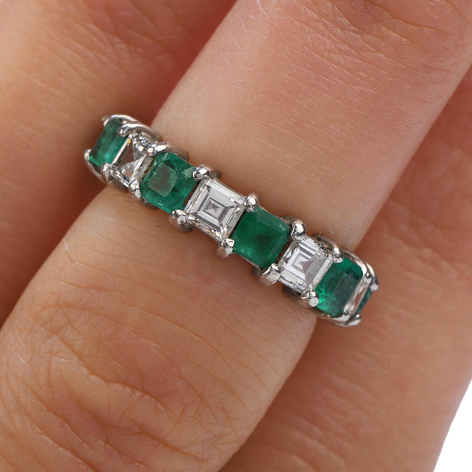 Asscher Diamond Emerald Platinum Eternity Band Ring In Excellent Condition In Miami, FL