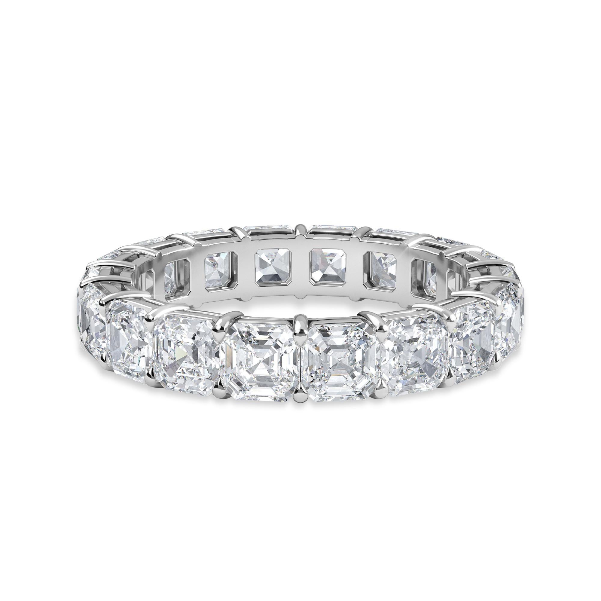 This Asscher diamond eternity band has 18 Asscher diamonds with a total carat weight of 5.50.
The diamonds are F color VS clarity. The ring is a finger size 6.25 and is set in platinum.