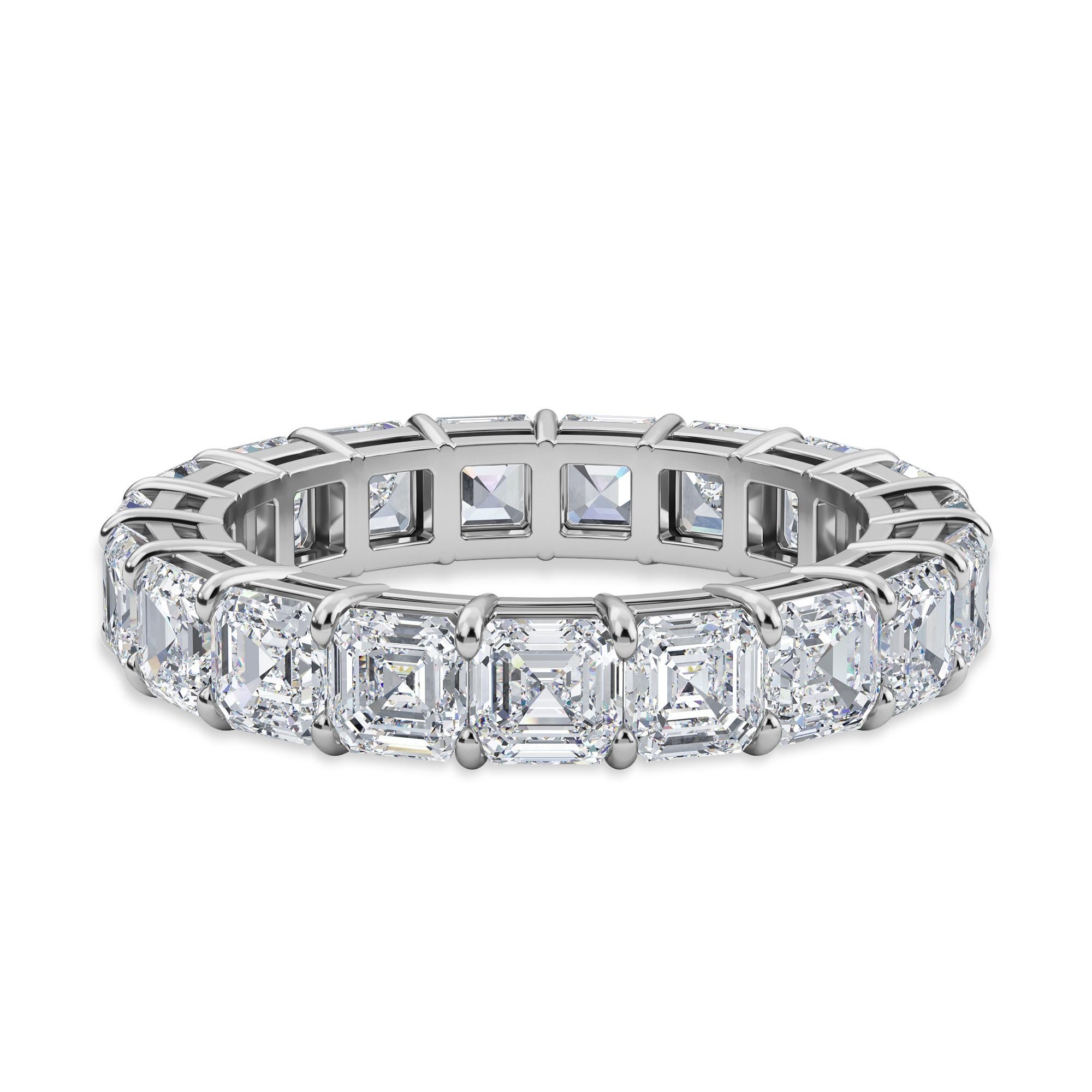 This Asscher Diamond Eternity Band features 19 Asscher Diamonds and weights 4.68 Total Carat Weight. Matched to perfection, these Asscher diamonds are F Color and VS Clarity, set in Platinum in a finger size 6.5. 