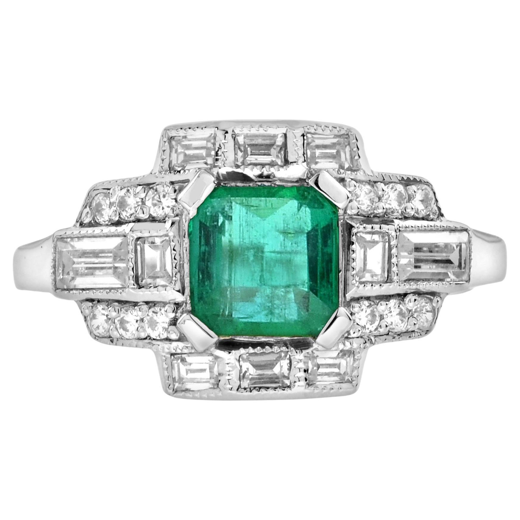 Asscher Green Emerald & Diamond Art Deco Style Engagement 18K White Gold Ring