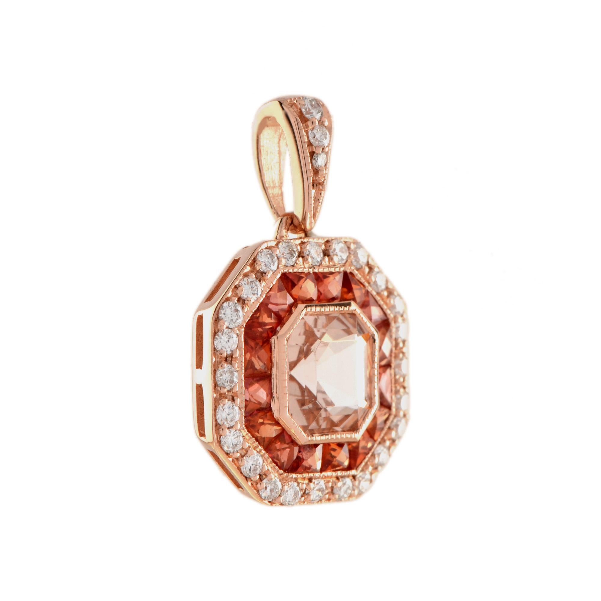 This morganite with orange sapphire and diamond pendant presents a stunning example of Art Deco styling and design. Emerald cut pale peach color morganite, French cut orange sapphire, and round cut diamond are precisely arranged to create intricate