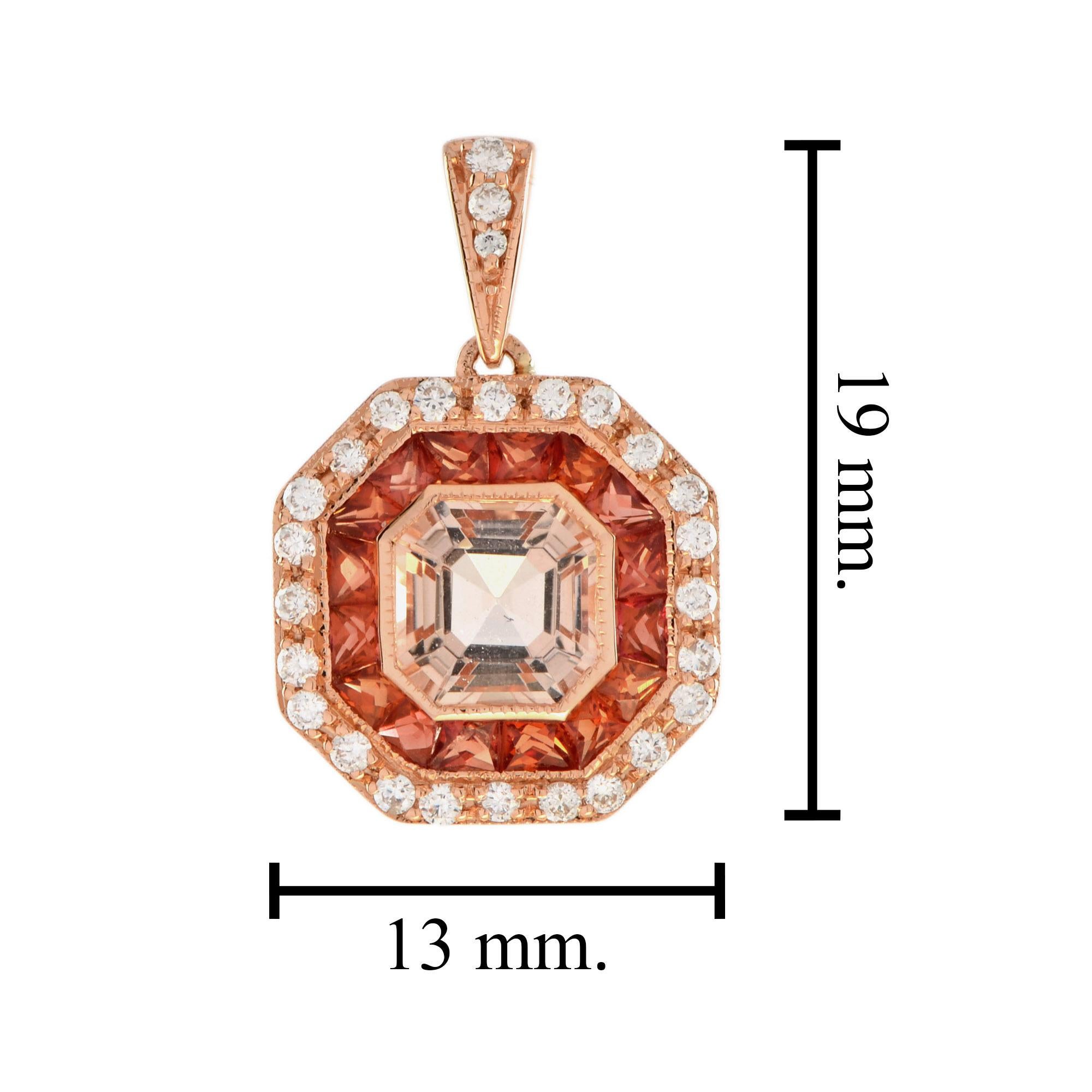 Asscher Morganite Orange Sapphire Diamond Art Deco Style Octagon Gold Pendant In New Condition For Sale In Oakton, VA