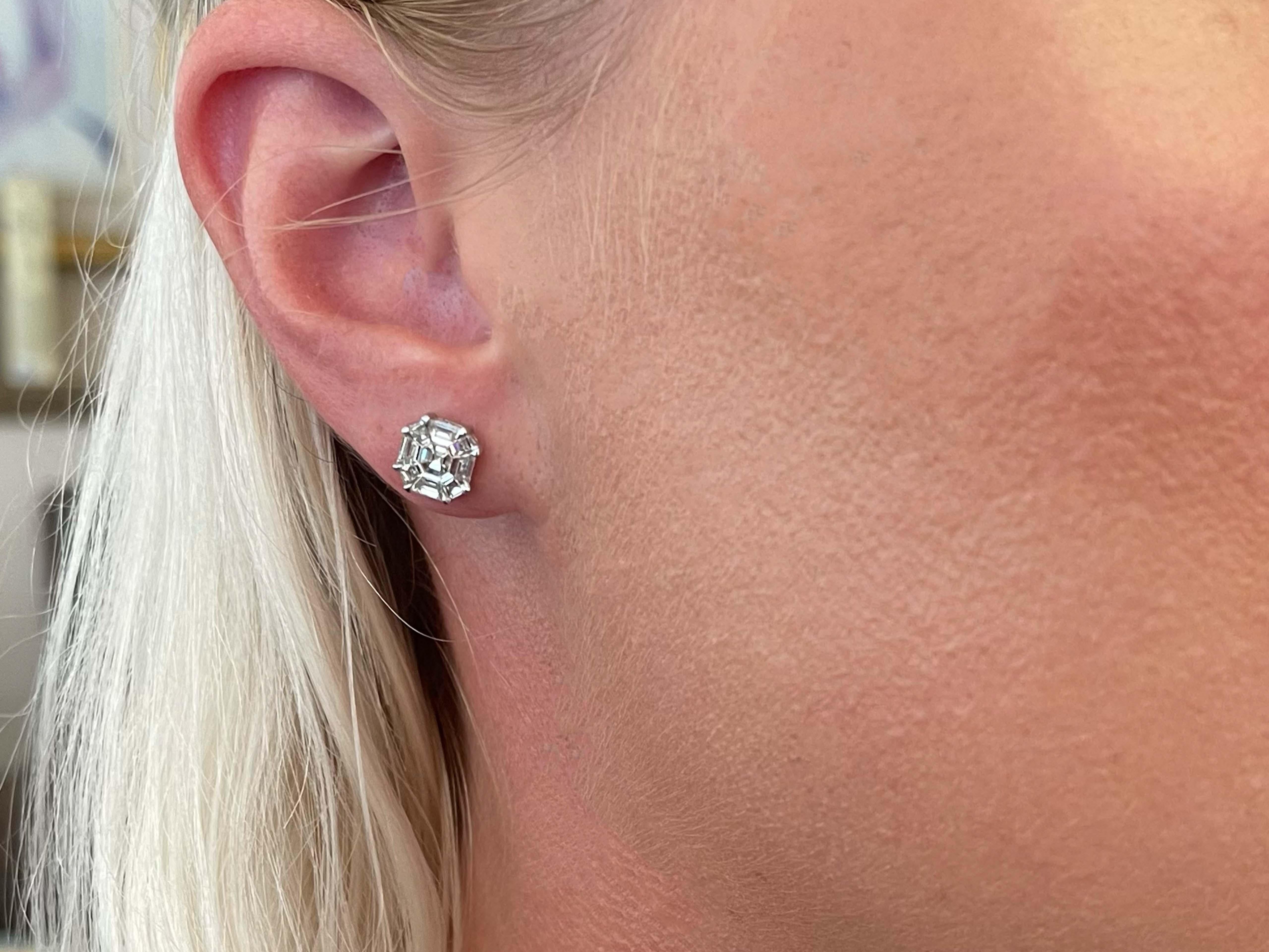 These gorgeous earrings each feature an asscher pie cut diamond prong set, with a total carat weight of 1.21 carats. The diamonds are G-H, VS and have beautiful sparkle. The earrings measure 8.3 mm in diameter. These earrings are beautifully crafted