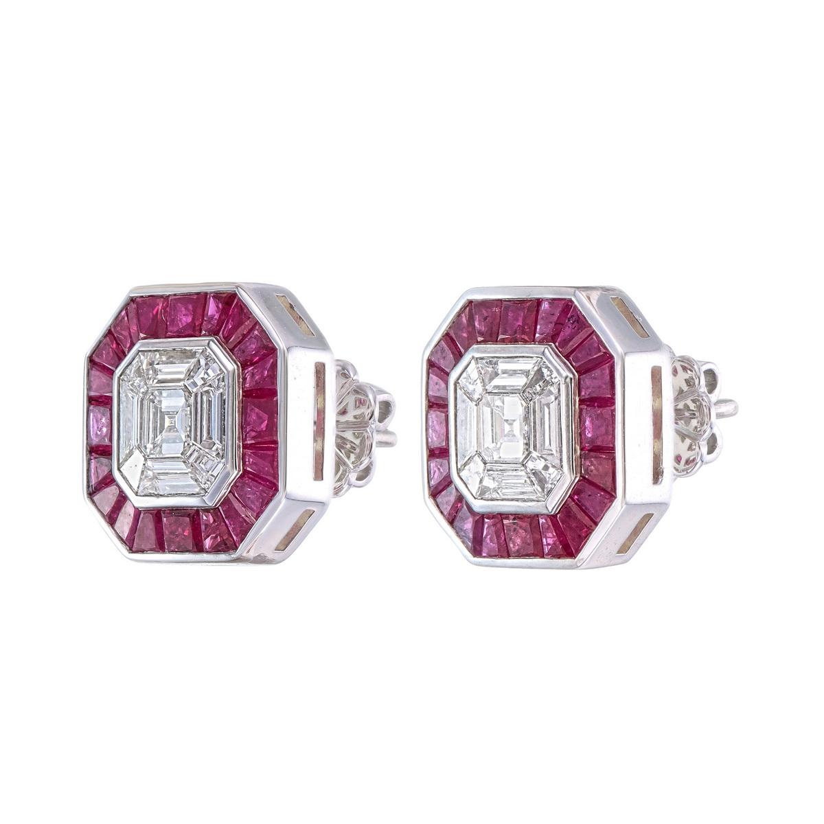 This pair of earrings is made with 0.80 carat diamonds in composite setting giving a look of 4 carat pair.
VVS clarity ,EF color diamonds are used with natural ruby halo.
Extremely light on ears 
4 carat pair of Asscher cut diamonds are worth over 