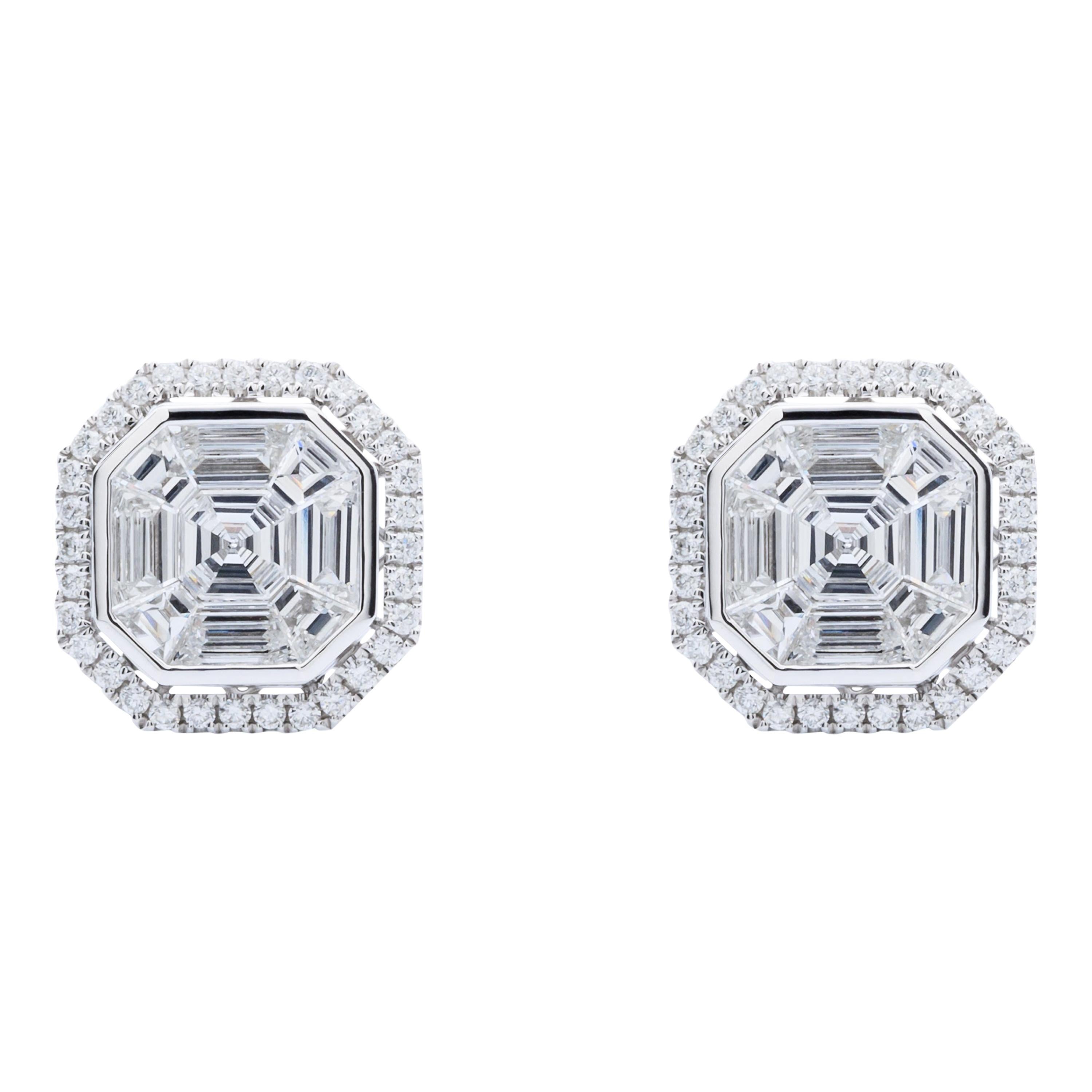 An Order of Bling Asscher Shaped Jigsaw Diamonds Earrings, 18 Karat White Gold For Sale