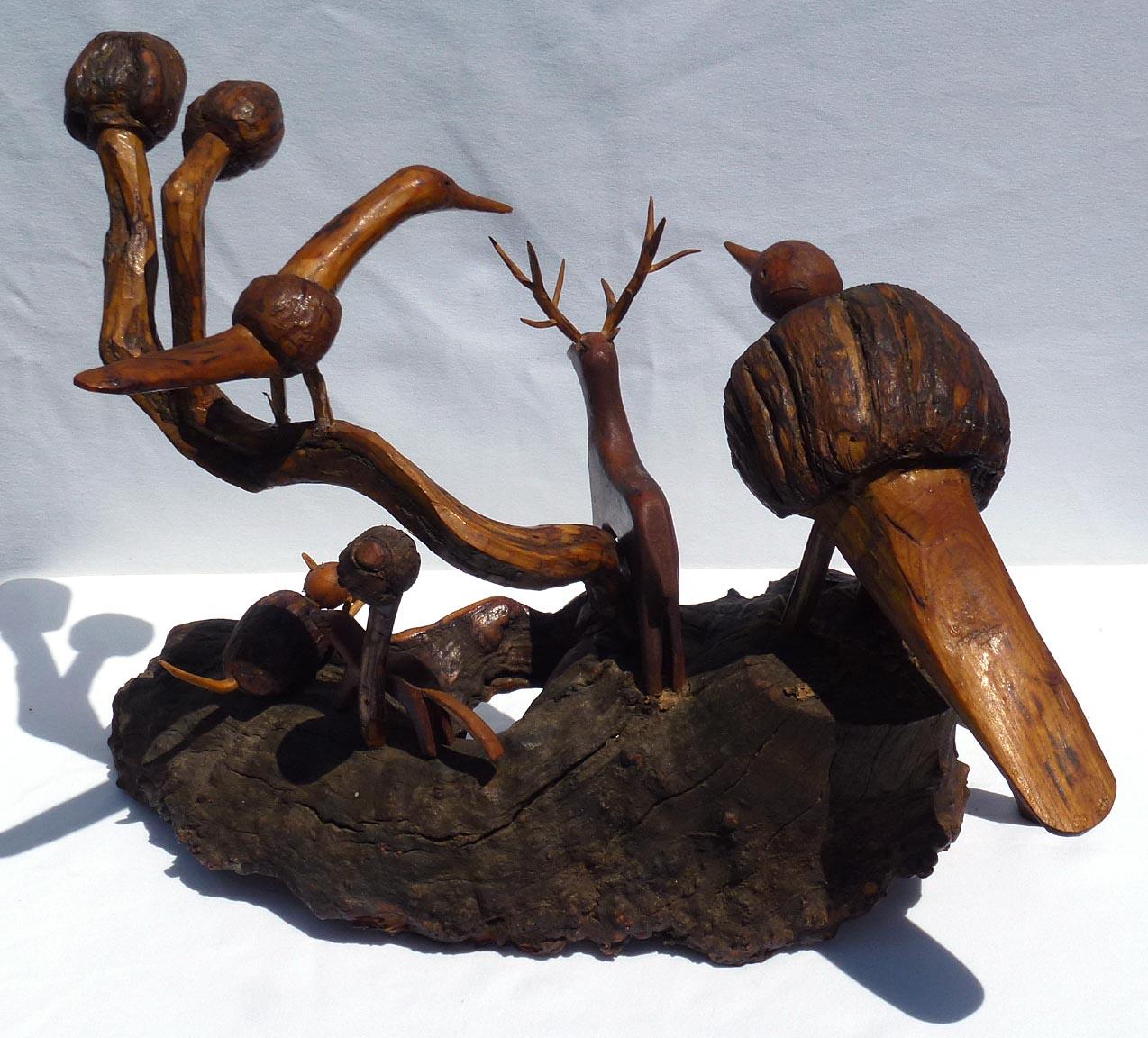 Wood Assemblage of Carved Birds and Animals by the Outsider Artist Russell Gillespie