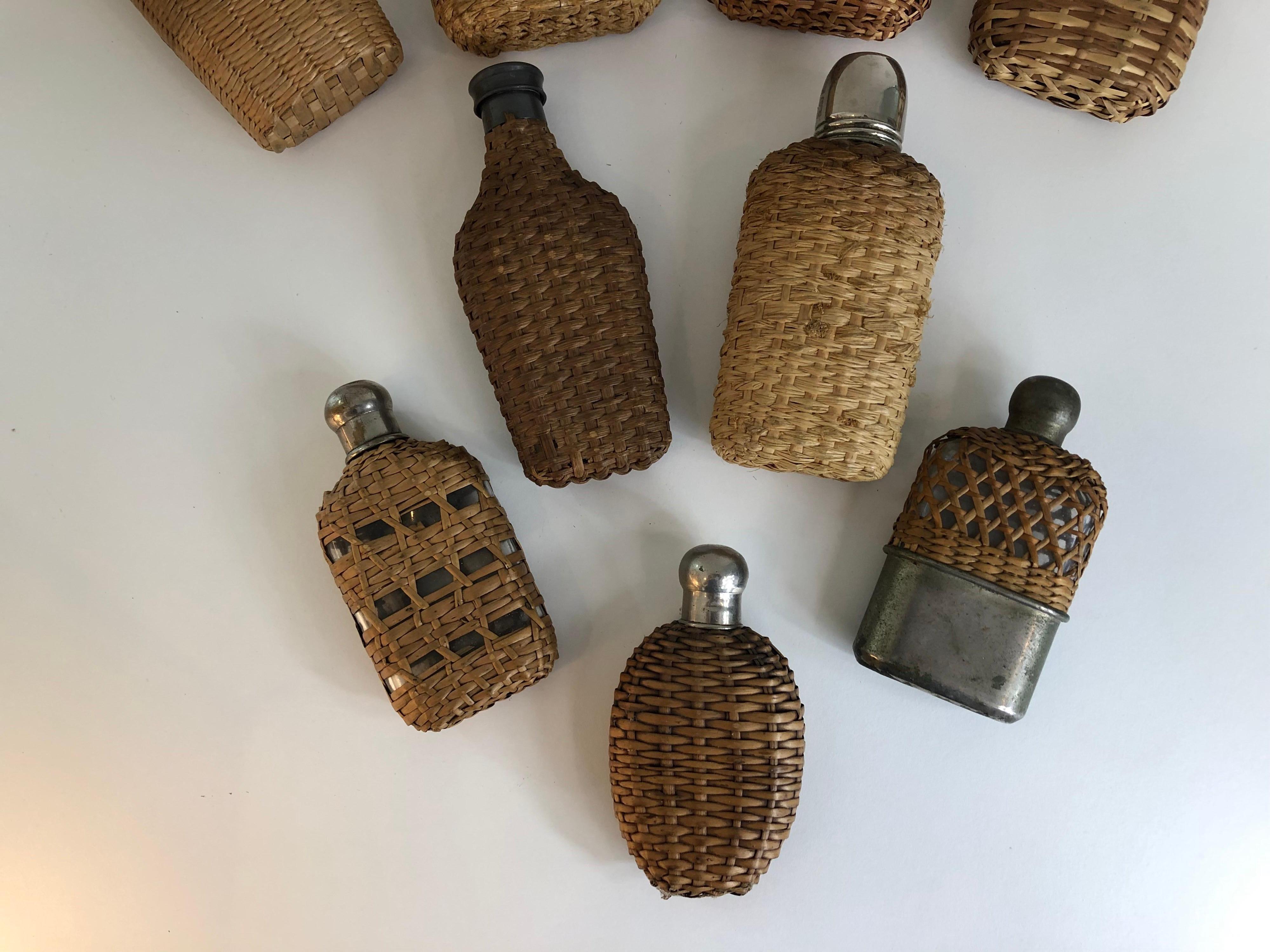 Art Deco Assembled Collection of Nine Vintage Wicker Flasks