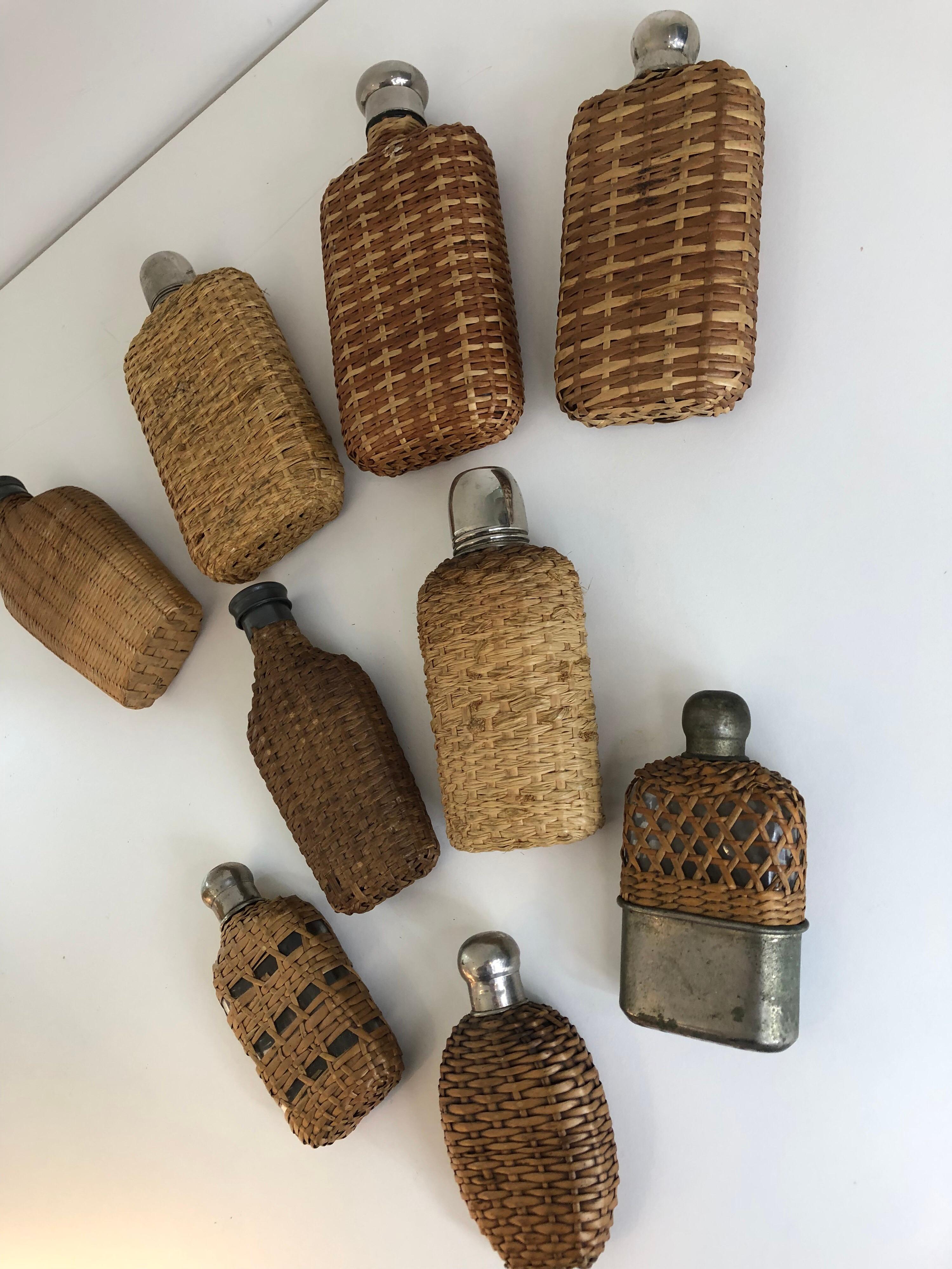 Assembled Collection of Nine Vintage Wicker Flasks In Good Condition In Stockton, NJ