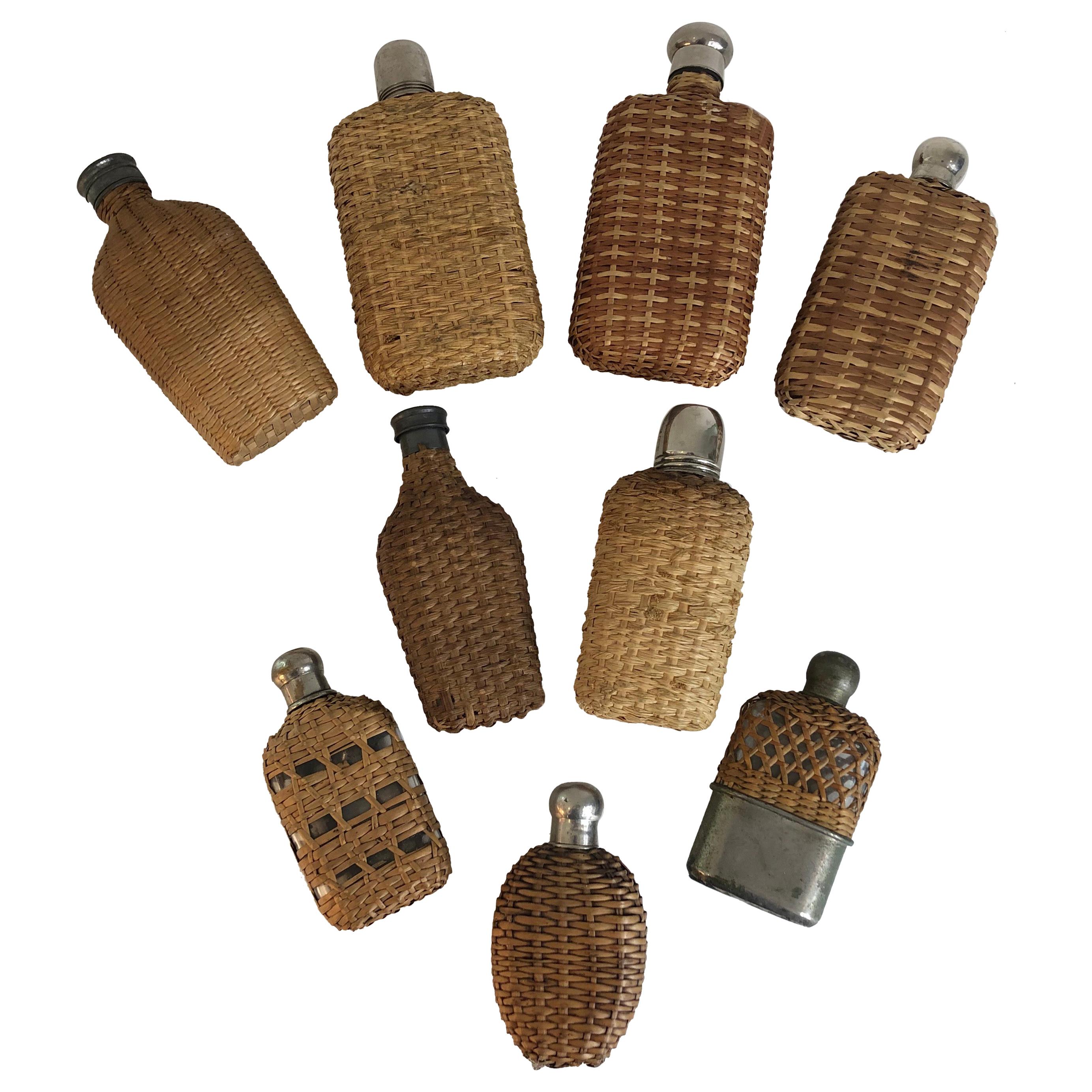Assembled Collection of Nine Vintage Wicker Flasks