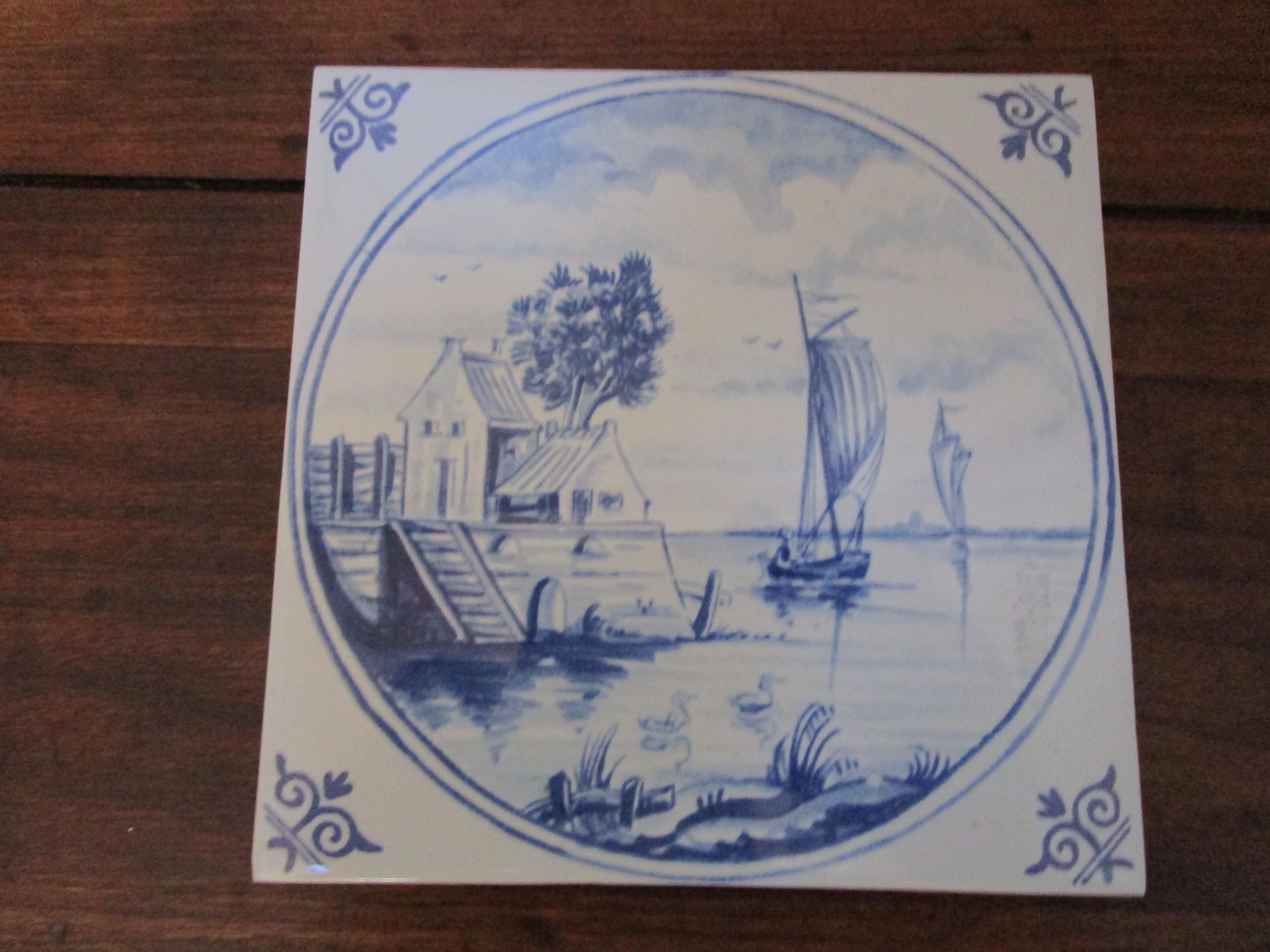 Hand-Painted Assembled Delft Tile Set, Waterscape, Running Dog For Sale