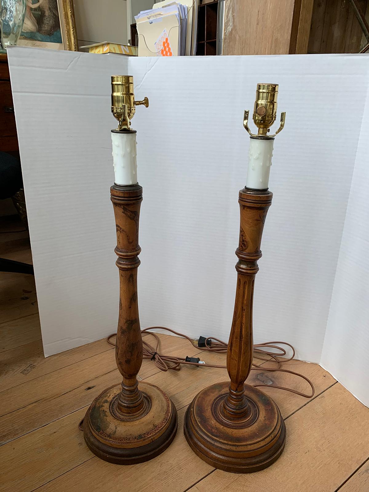19th Century Assembled Pair of 19th-20th Century Turned Wooden Lamps For Sale