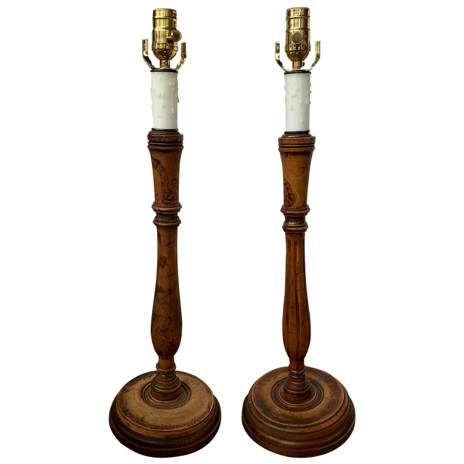 Assembled Pair of 19th-20th Century Turned Wooden Lamps For Sale