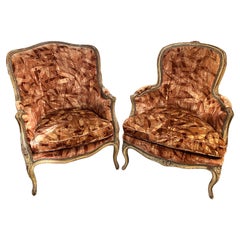 Antique Assembled Pair of 19th c French Louis XV Style Upholstered Armchairs