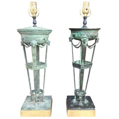 Assembled Pair of 19th Century Grand Tour Style Bronze Verdigris Lamps