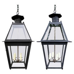 Assembled Pair of Early 20th Century Large Handmade Iron Lanterns, Painted Black