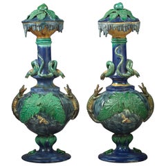 Assembled Pair of French Palissy Ware Trompe L'oeil Covered Vases, circa 1870