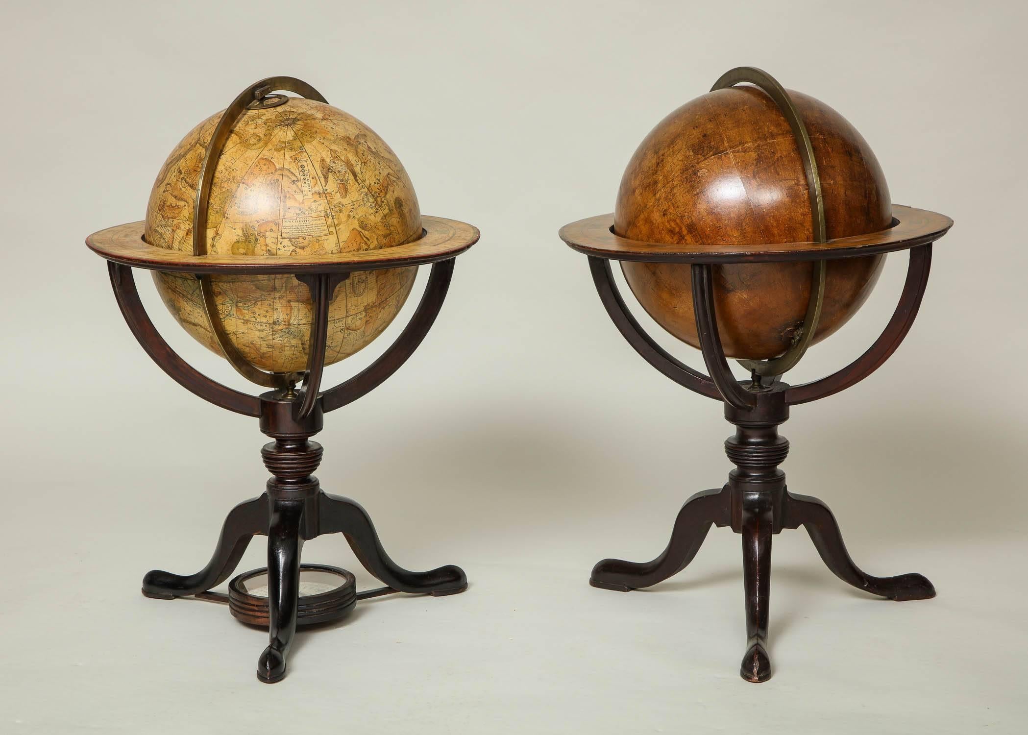Fine assembled pair of Georgian terrestrial and celestial globes of very similar design in richly grained mahogany and with well designed near identical stands.

 The first: Fine Georgian Celestial globe by J. & W. Cary of London, circa 1800, the