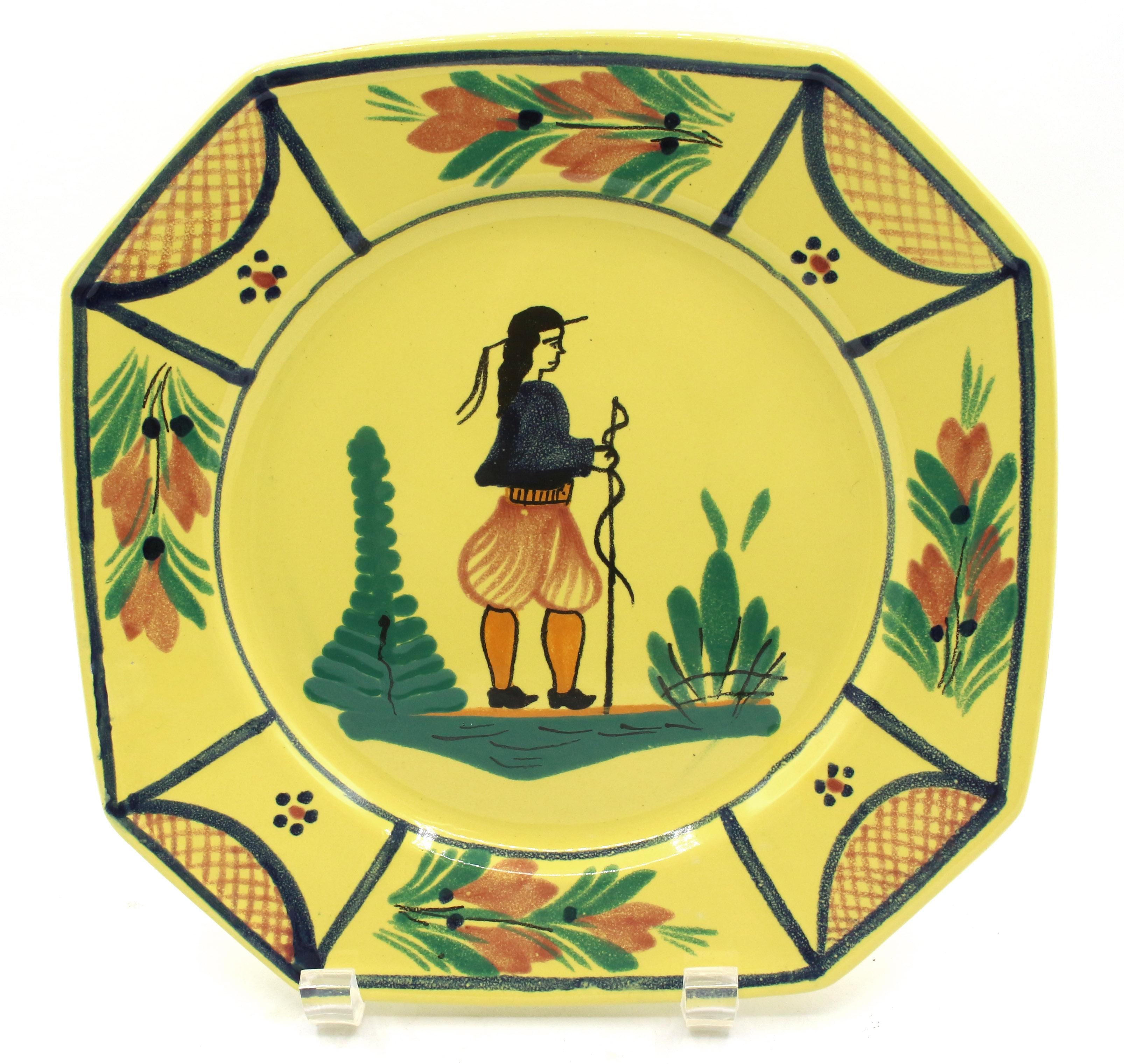 Country Assembled Pair of Large Yellow Ground Quimper Octagonal Plates, Late 20th Cent For Sale