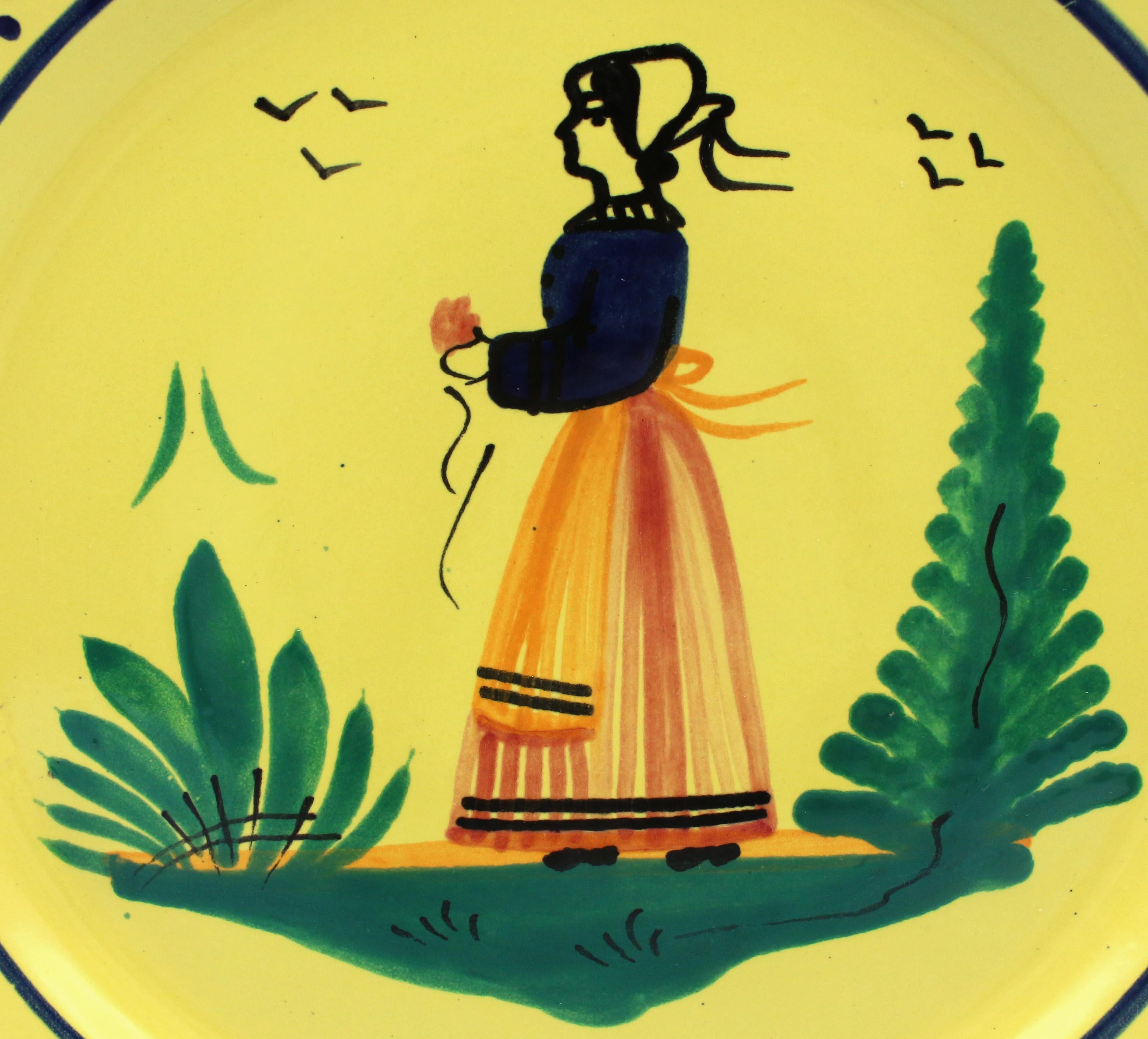 20th Century Assembled Pair of Large Yellow Ground Quimper Octagonal Plates, Late 20th Cent