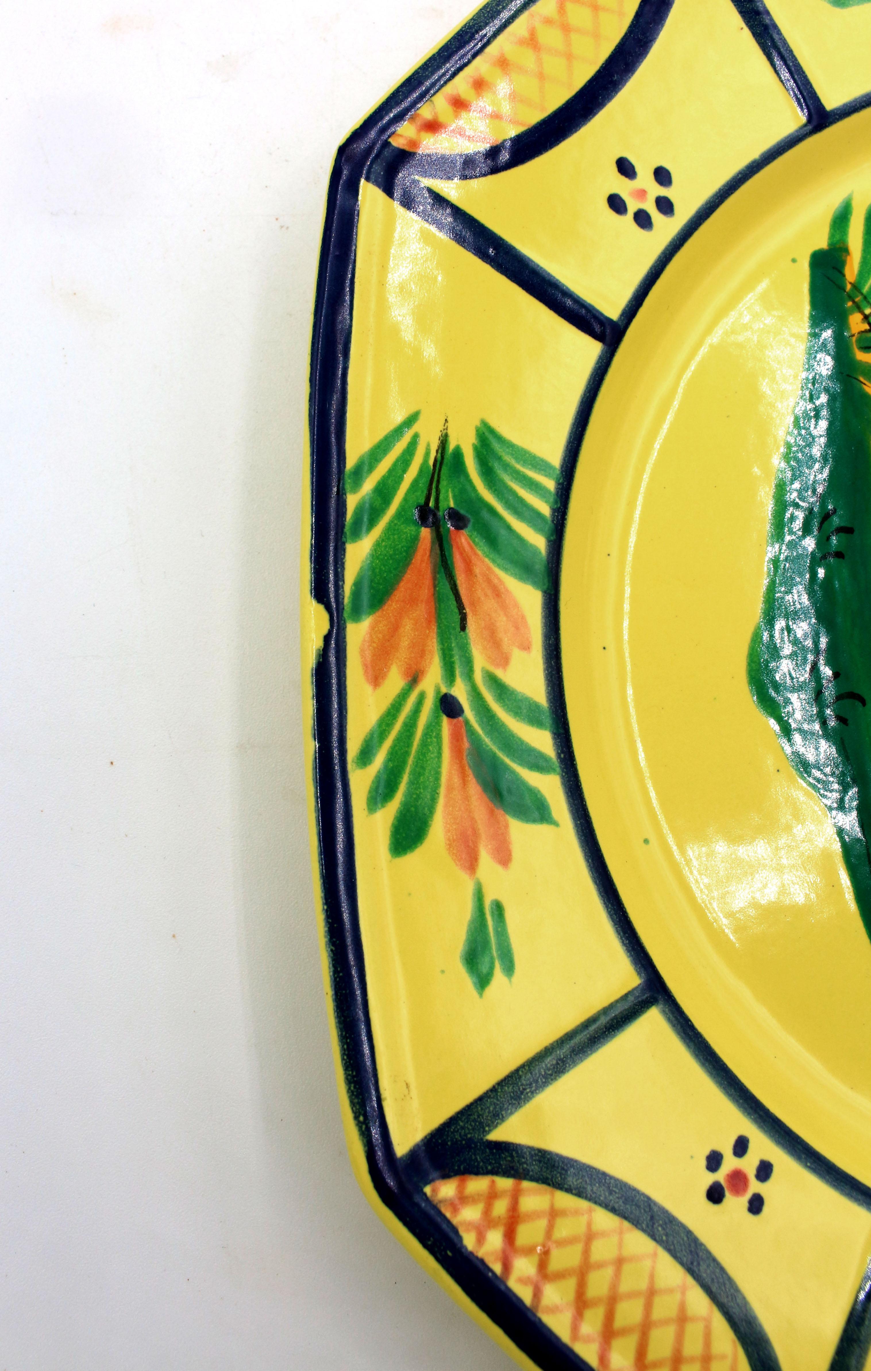 Ceramic Assembled Pair of Large Yellow Ground Quimper Octagonal Plates, Late 20th Cent For Sale