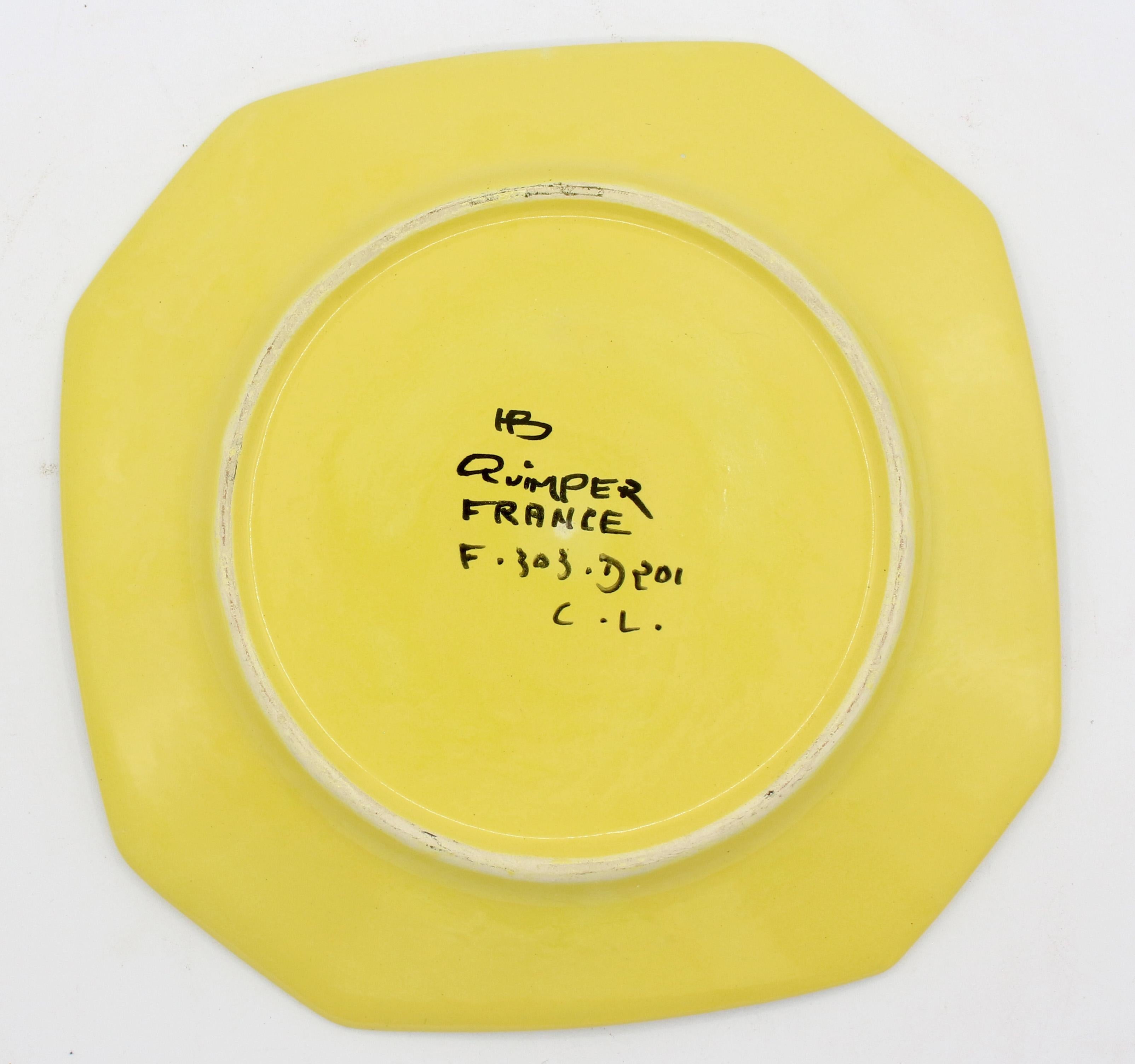 Assembled Pair of Large Yellow Ground Quimper Octagonal Plates, Late 20th Cent 2
