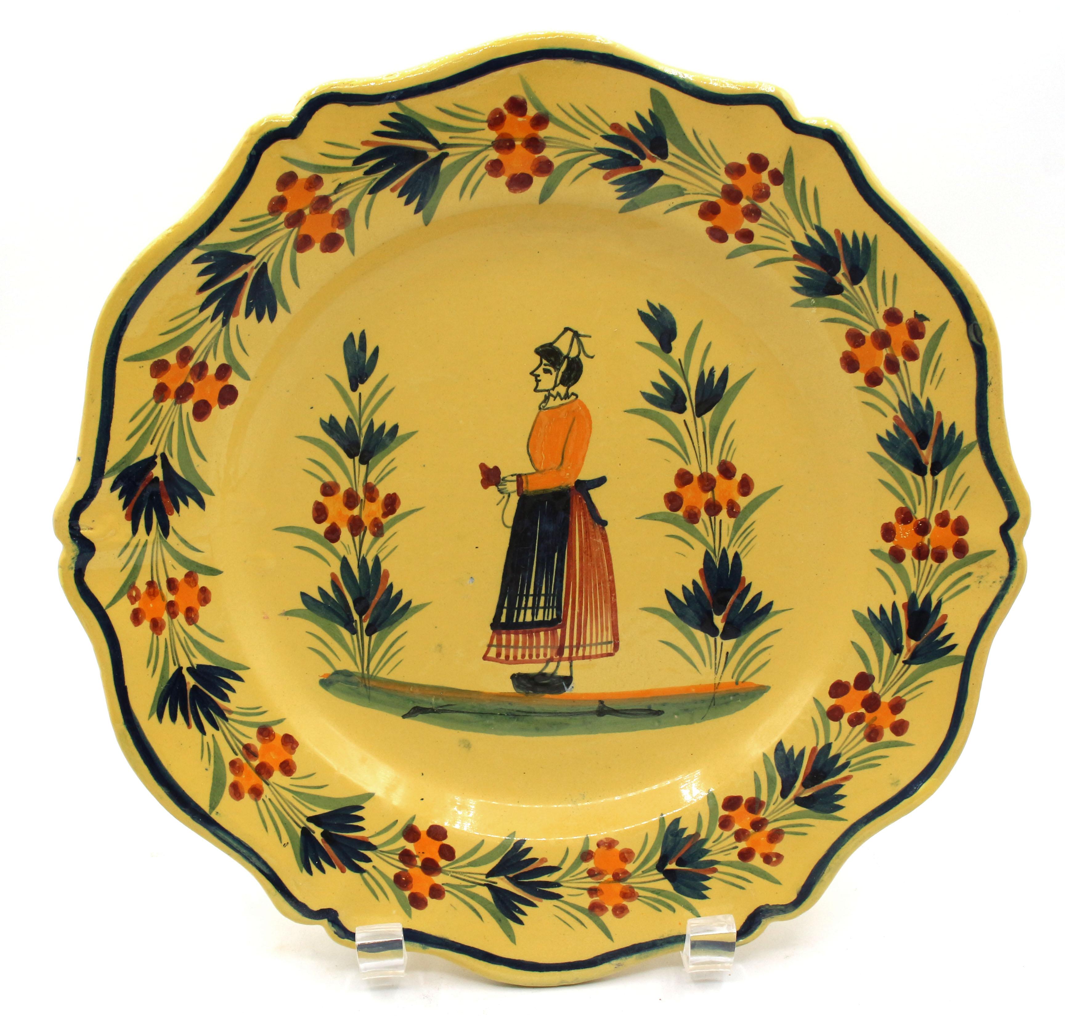 Country Assembled Pair of Large Yellow Ground Quimper Plates, Mid-20th Century For Sale