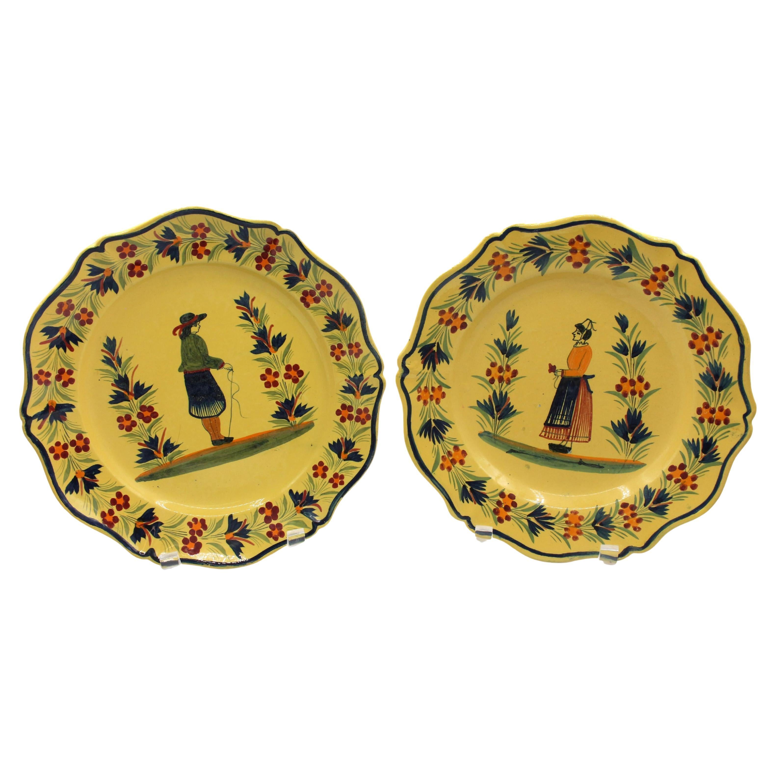 Assembled Pair of Large Yellow Ground Quimper Plates, Mid-20th Century For Sale