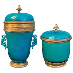Assembled Pair of Turquoise Blue Porcelain Gilt Bronze Mounted Covered Jars