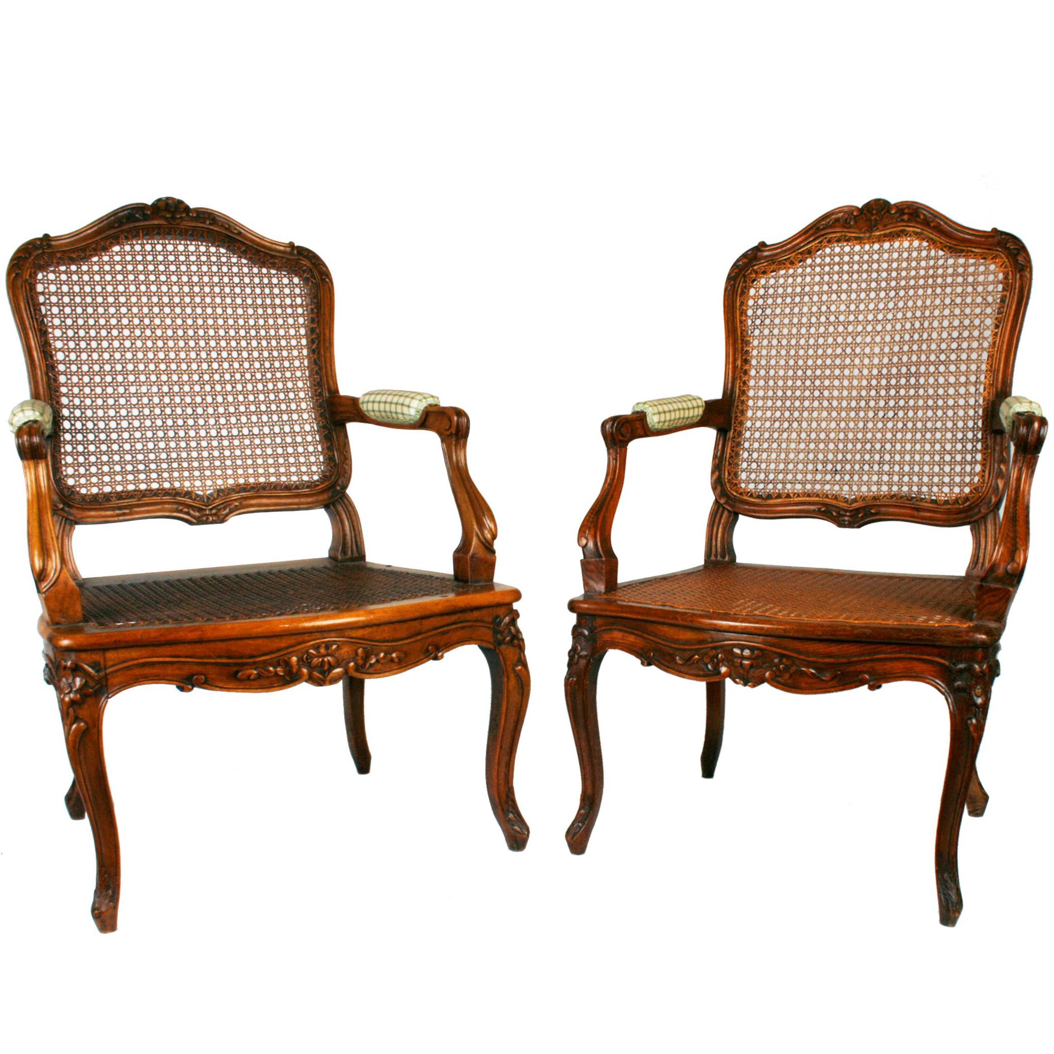 Assembled Pair of Walnut Louis XV Style Armchairs, 19th Century