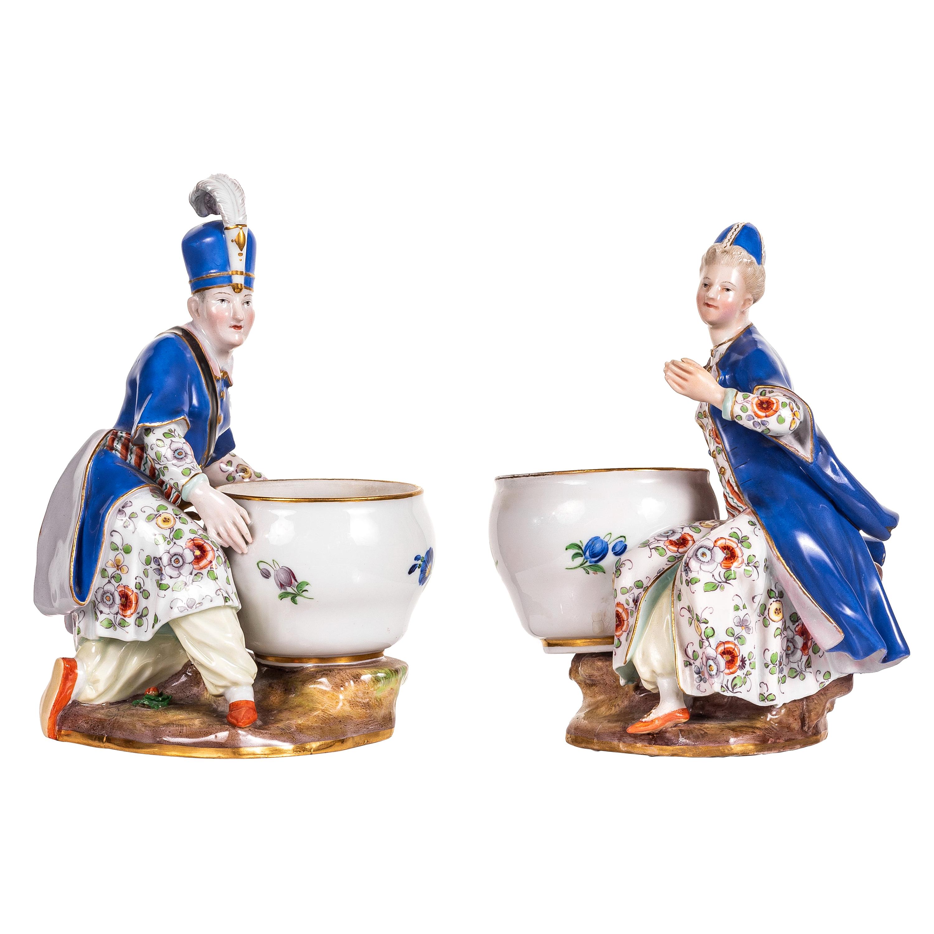 Assembled Pmeair of Meissen Porcelain Figural Salts For Sale