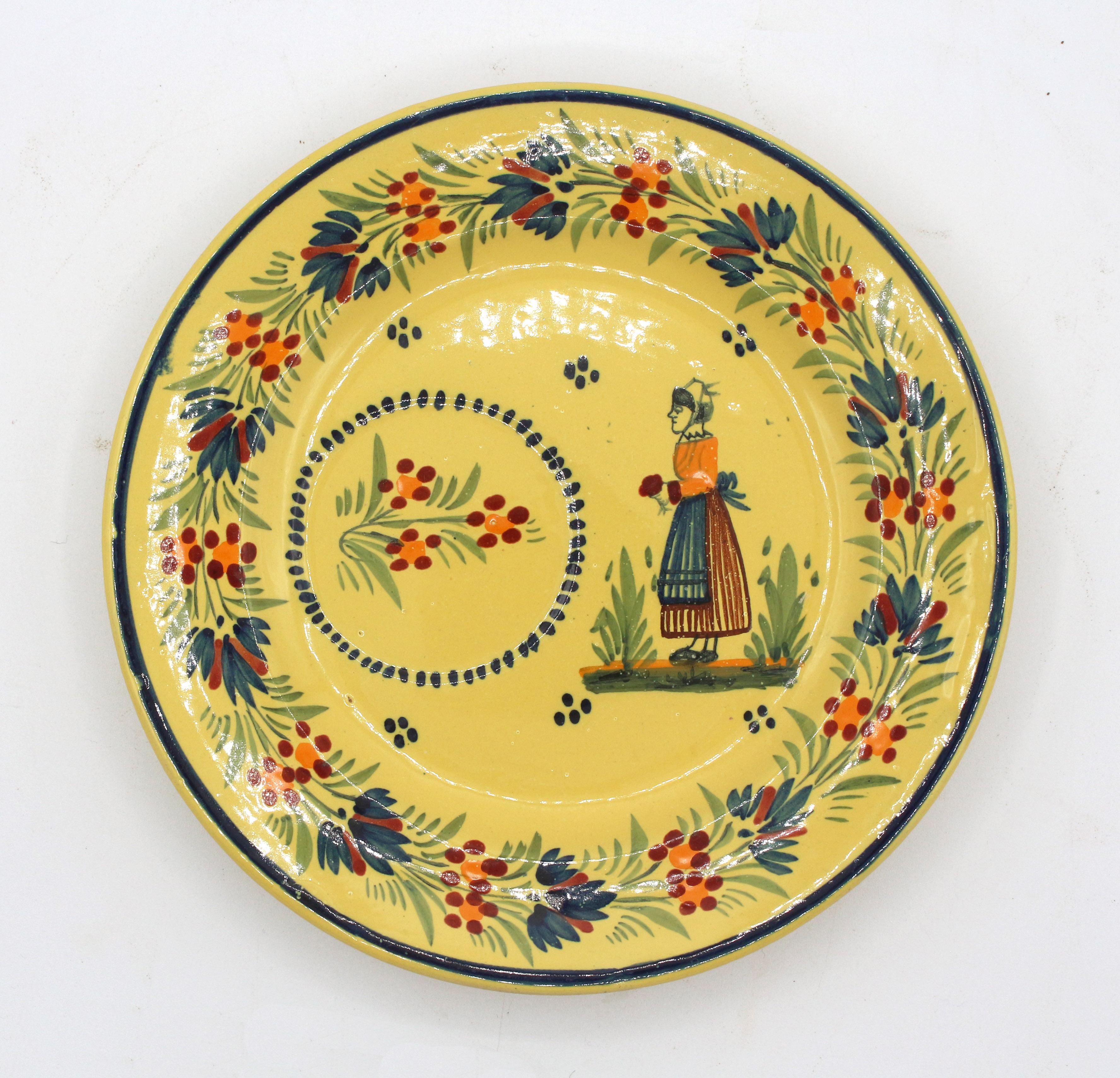 Assembled Set of 4 Cups & 5 Sandwich Plates, Quimper, c.1950 In Good Condition In Chapel Hill, NC