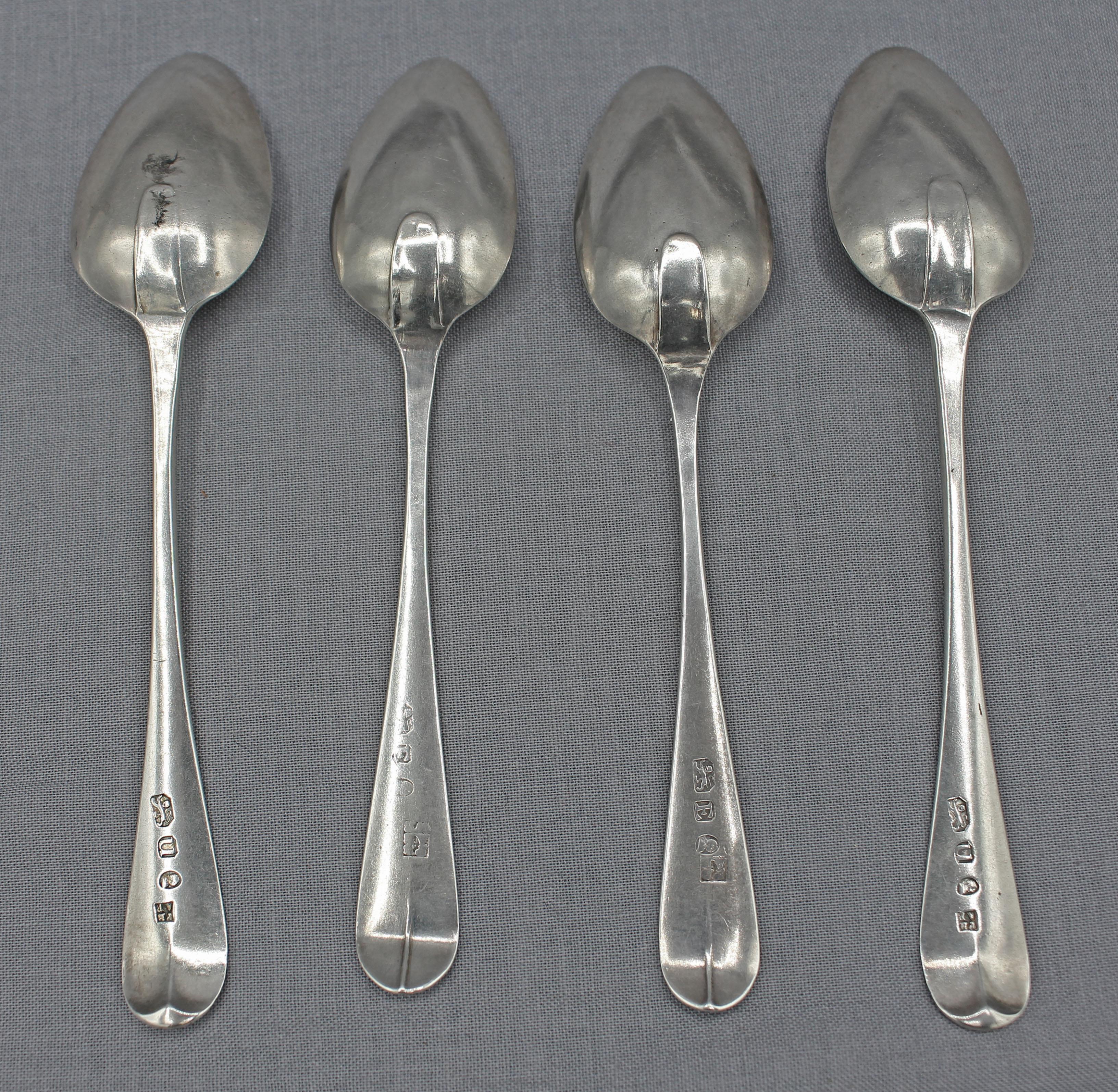Assembled set of 4 coffee sterling spoons by the Bateman family, London, 1795 & 1800. Two are by Peter, Ann & William in 1800 and 2 are by Peter & Ann in 1795. All monograms are 