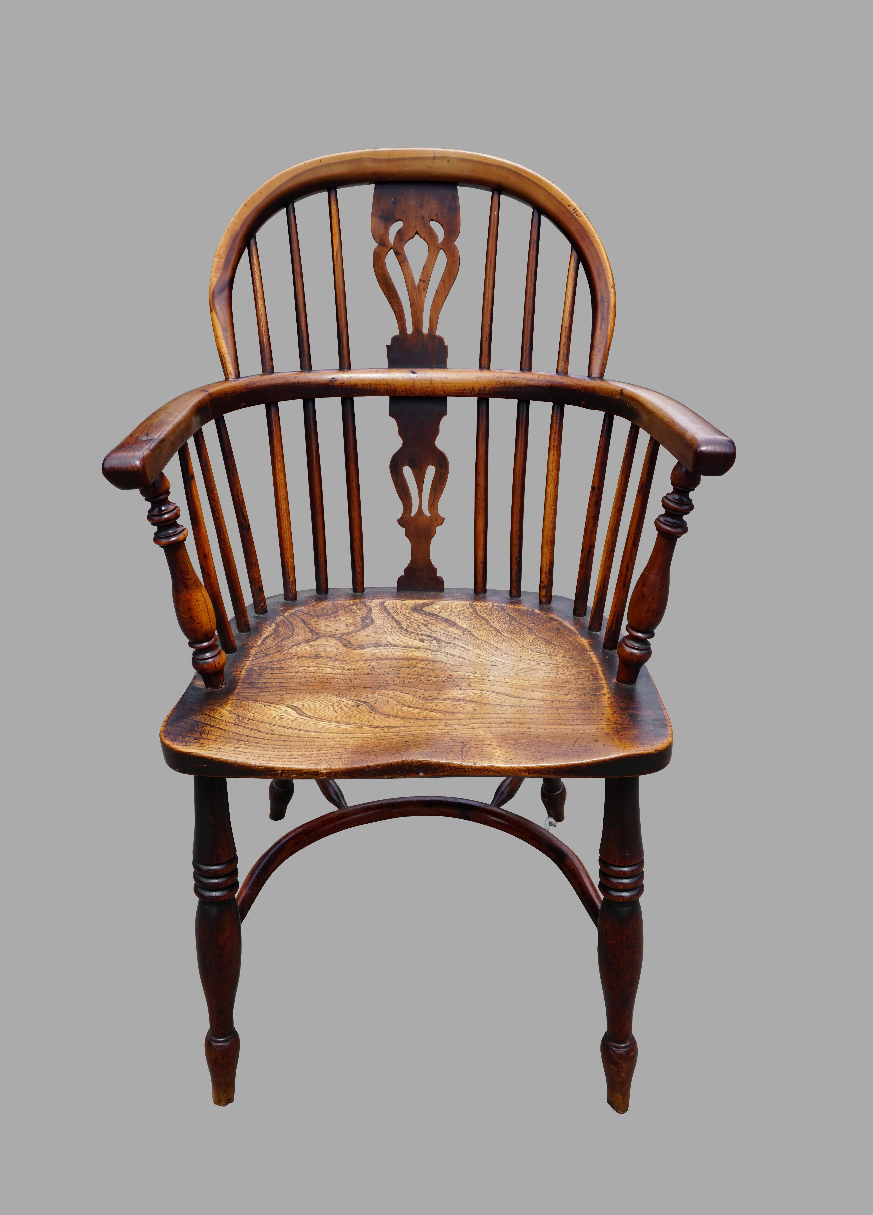 Rustic Assembled Set of 6 Yew Wood Lowback Windsor Armchairs with Crinoline Stretchers