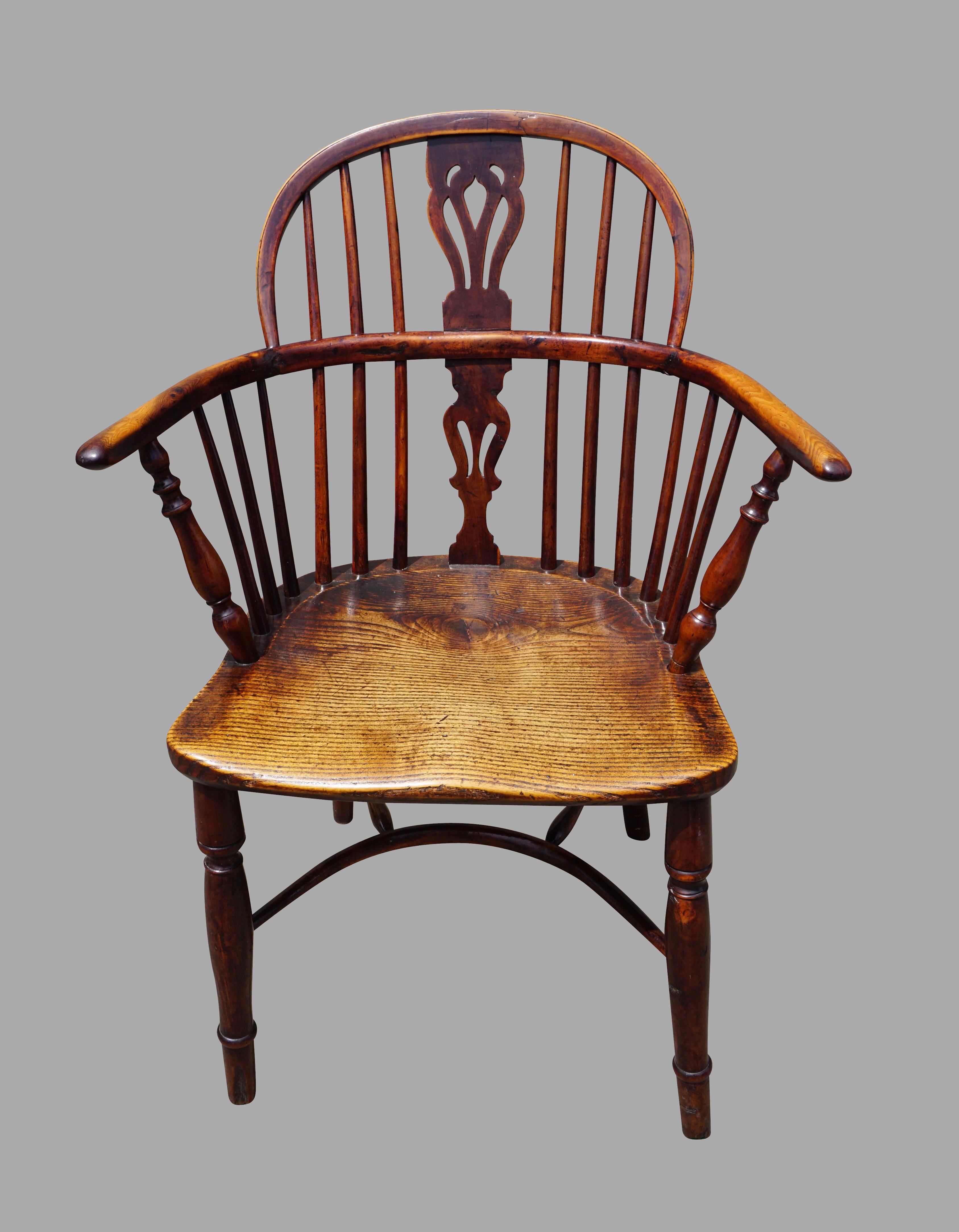 English Assembled Set of 6 Yew Wood Lowback Windsor Armchairs with Crinoline Stretchers