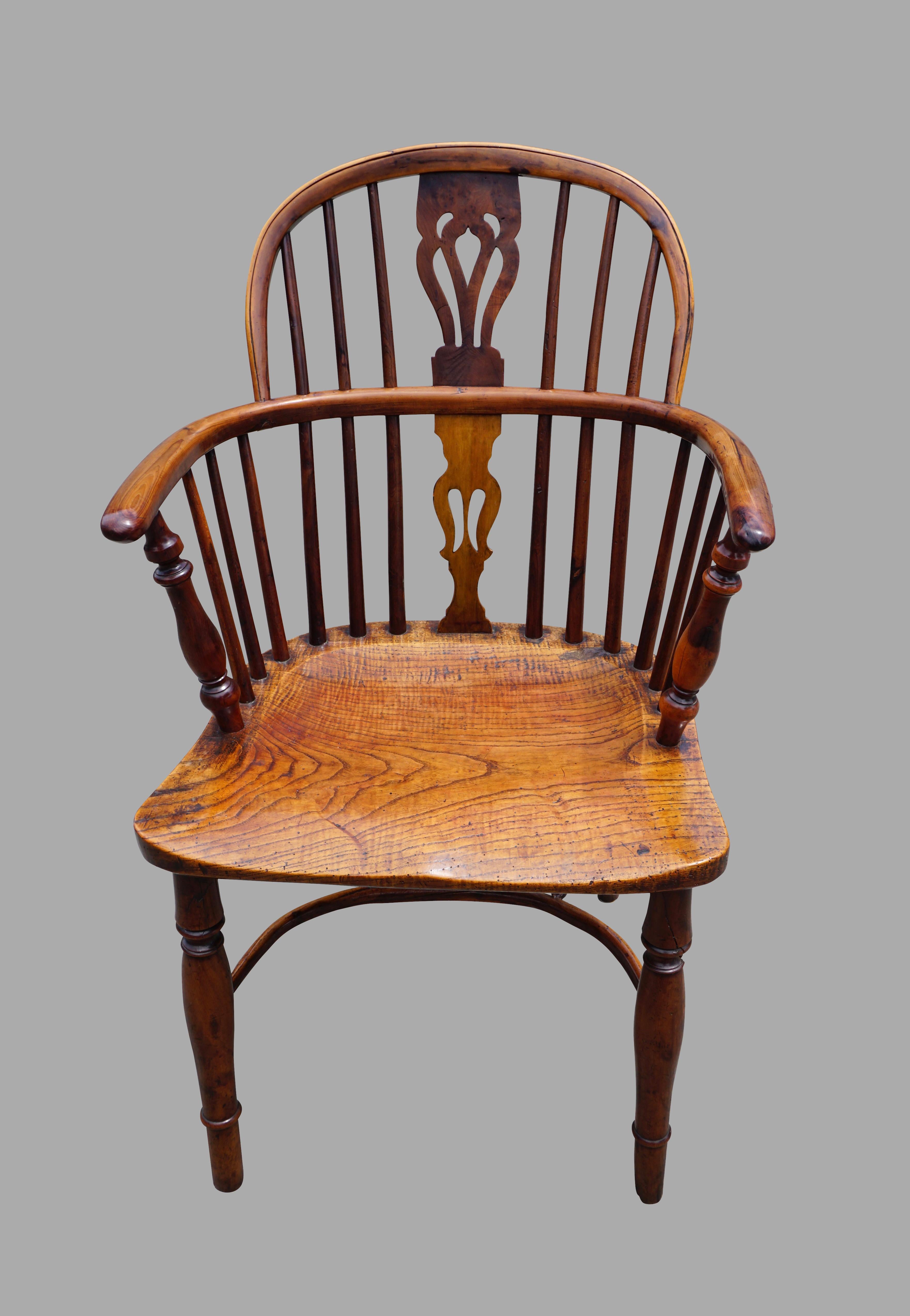 Assembled Set of 6 Yew Wood Lowback Windsor Armchairs with Crinoline Stretchers In Good Condition In San Francisco, CA
