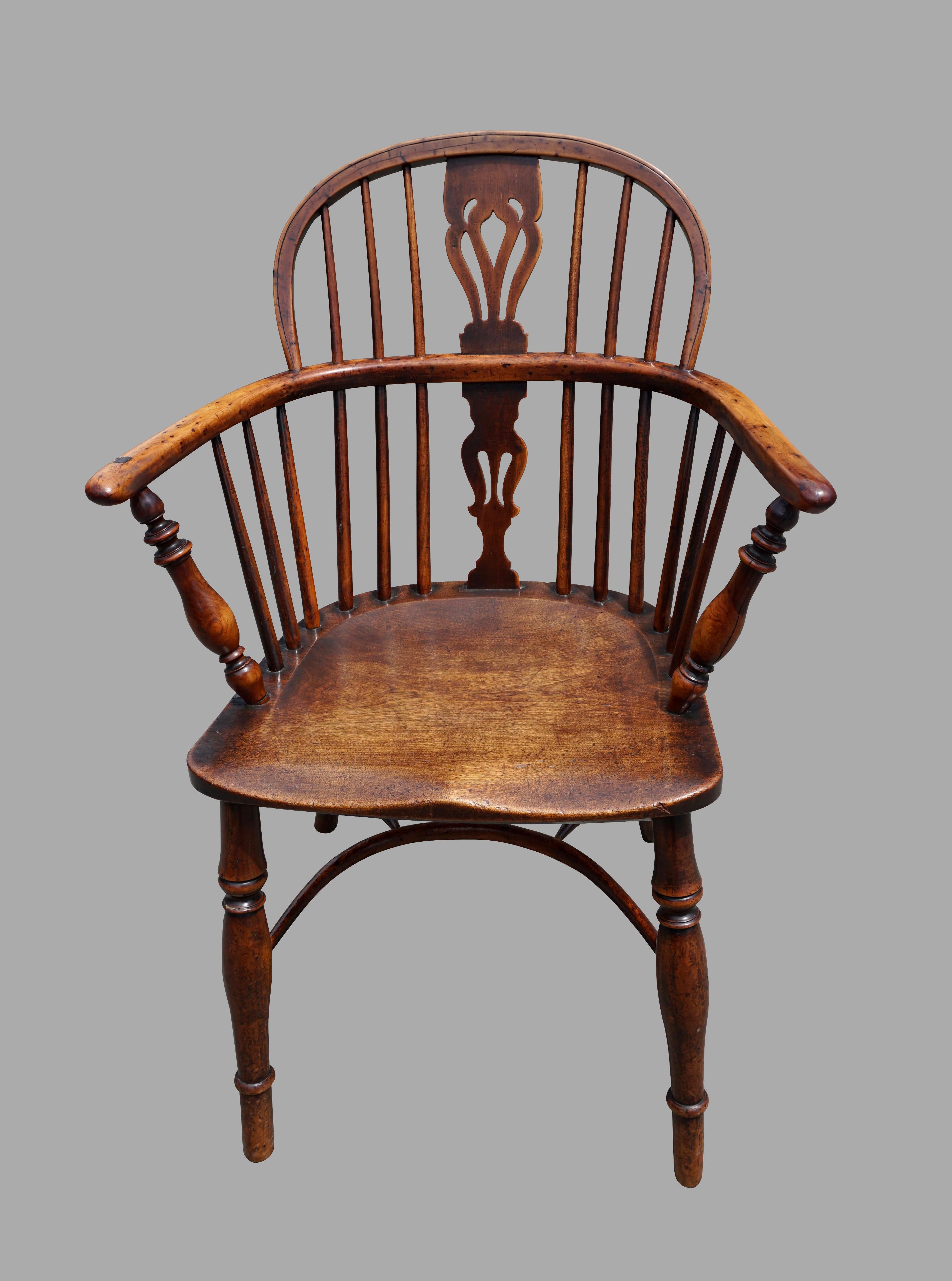 19th Century Assembled Set of 6 Yew Wood Lowback Windsor Armchairs with Crinoline Stretchers