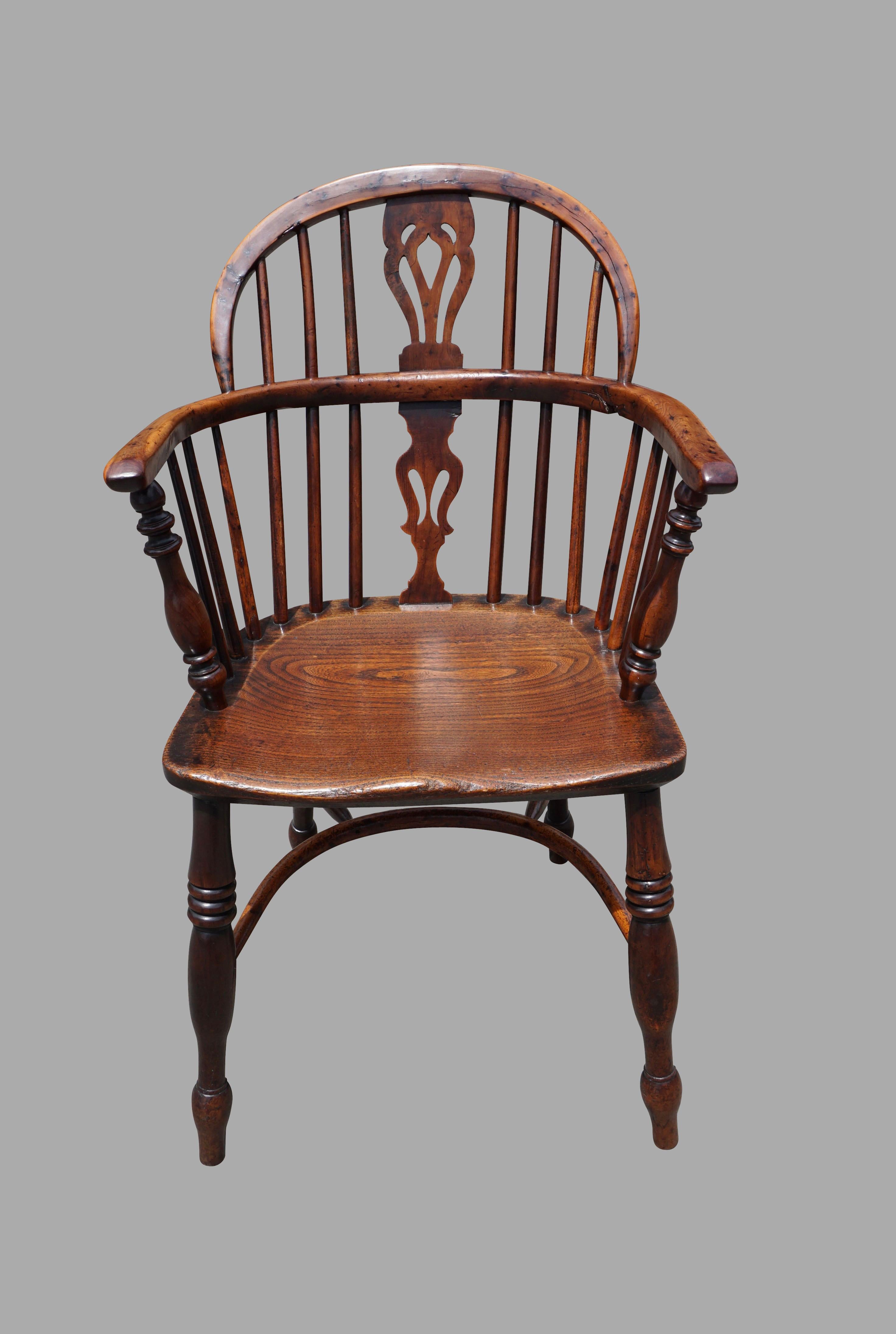 Hickory Assembled Set of 6 Yew Wood Lowback Windsor Armchairs with Crinoline Stretchers