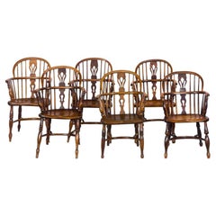 Antique Assembled Set of 6 Yew Wood Lowback Windsor Armchairs with Crinoline Stretchers