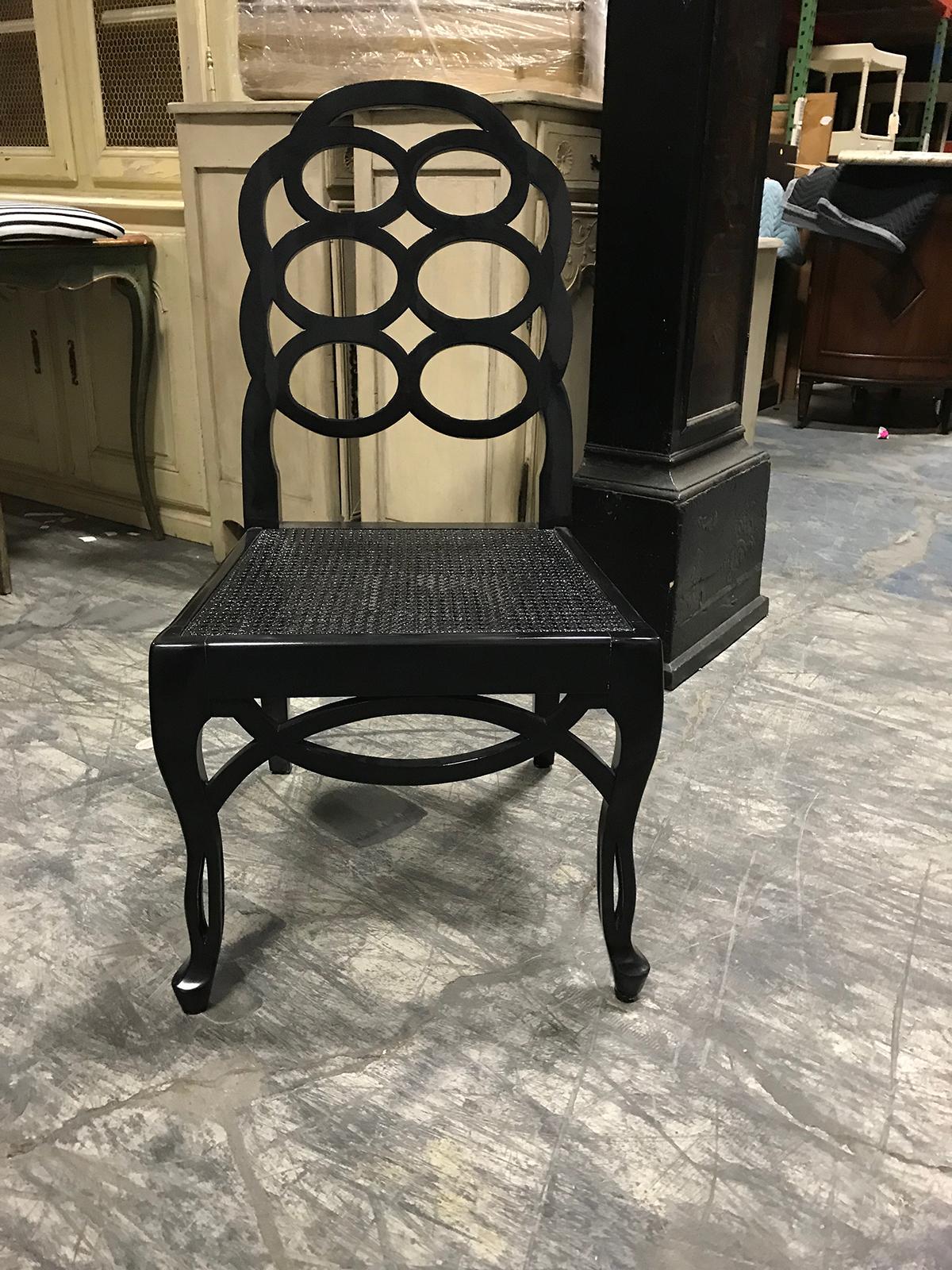 Assembled set of 8 20th century loop dining chairs in the style of Frances Elkins
Black lacquered, recovered
Two armchairs, six side chairs.
Measures: 22