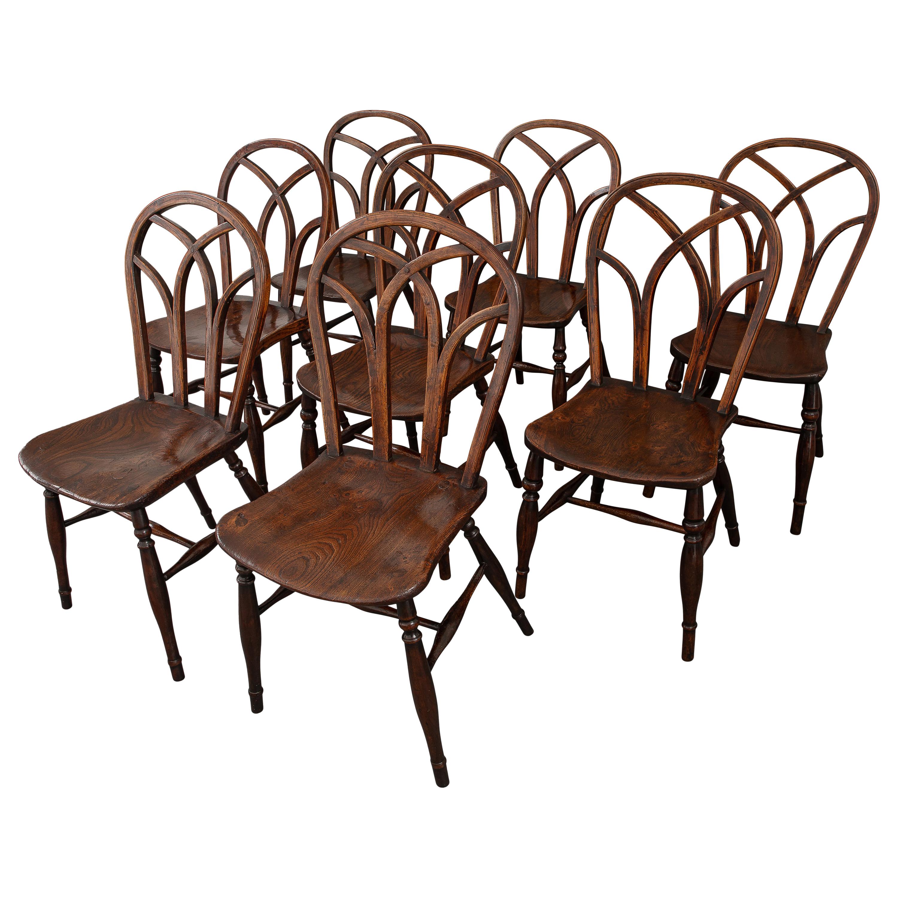 Assembled Set of Eight Hoop Back Gothic Windsor Side Chairs For Sale