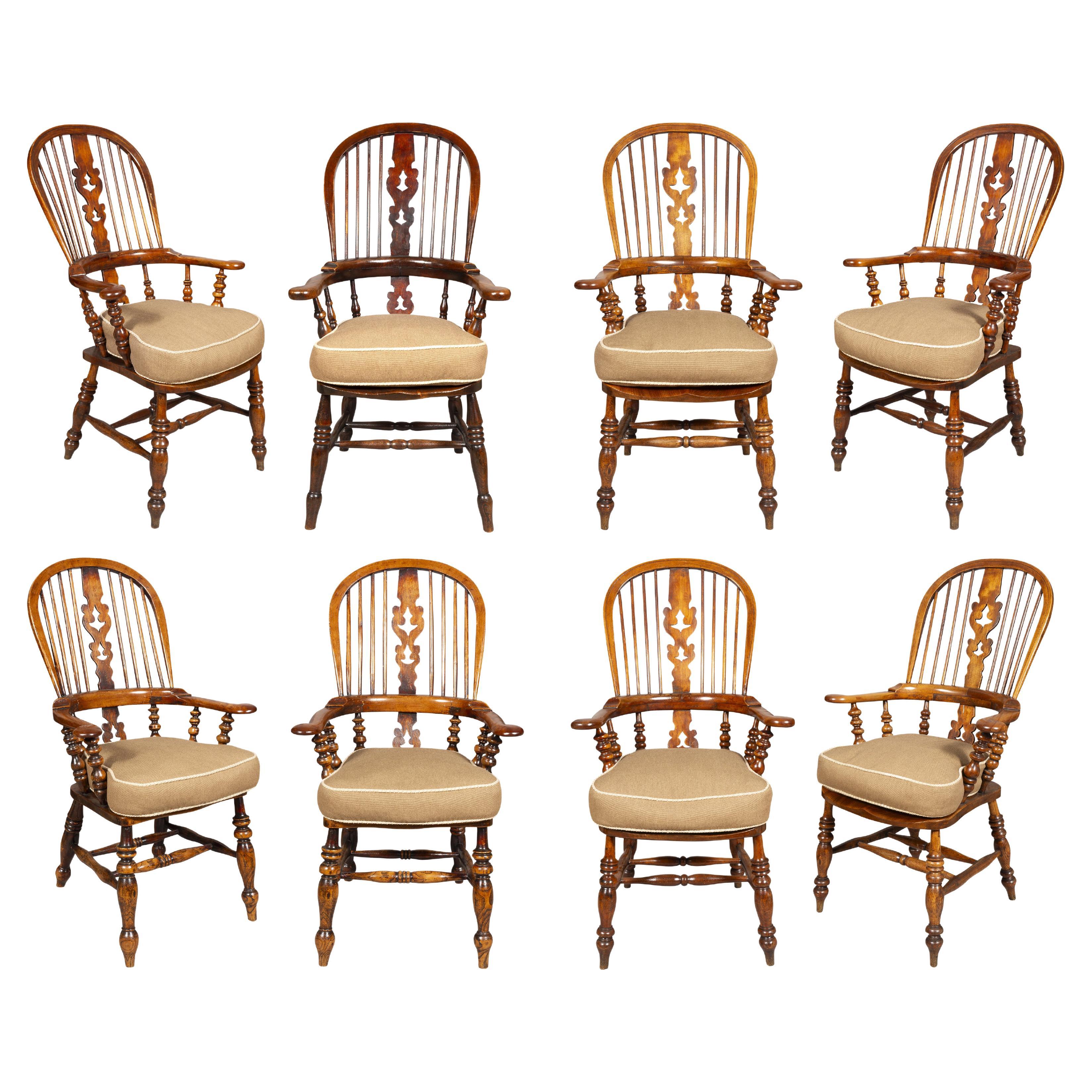 Assembled Set Of Eight Victorian Yew And Elmwood Broad Arm Windsor Armchairs