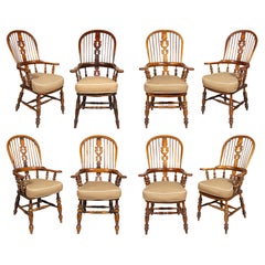 Antique Assembled Set Of Eight Victorian Yew And Elmwood Broad Arm Windsor Armchairs