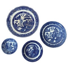 Antique Assembled Set of Four 19th Century English Blue Willow Porcelain Plates