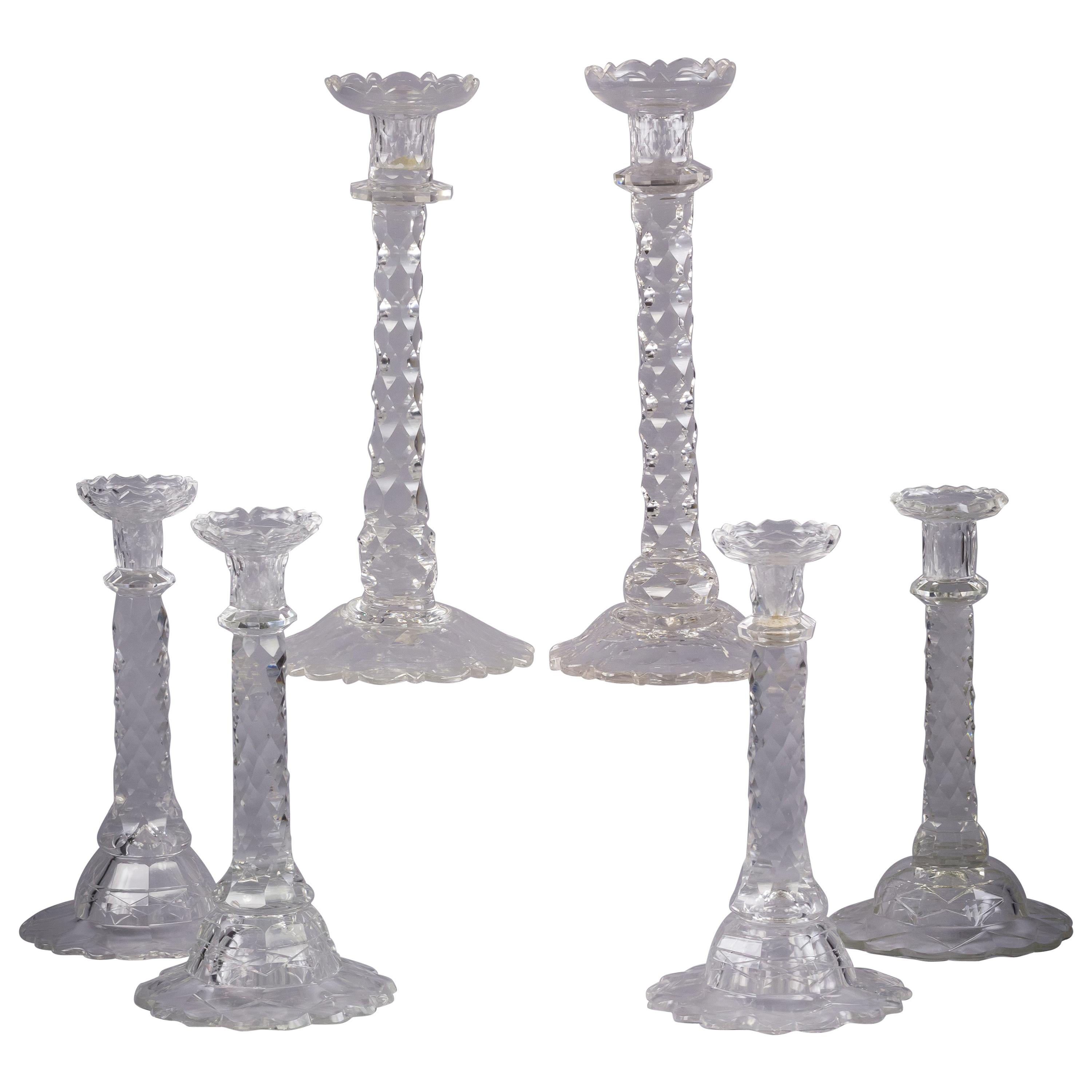 Assembled Set of Six Anglo-Irish Faceted Glass Candlesticks, circa 1830 For Sale