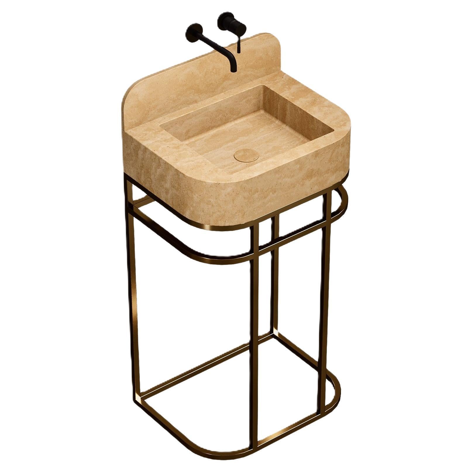 Coiffeuse de salle de bains Assens autoportante en travertin beige, petite taille
