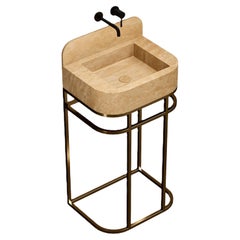 Coiffeuse de salle de bains Assens autoportante en travertin beige, petite taille