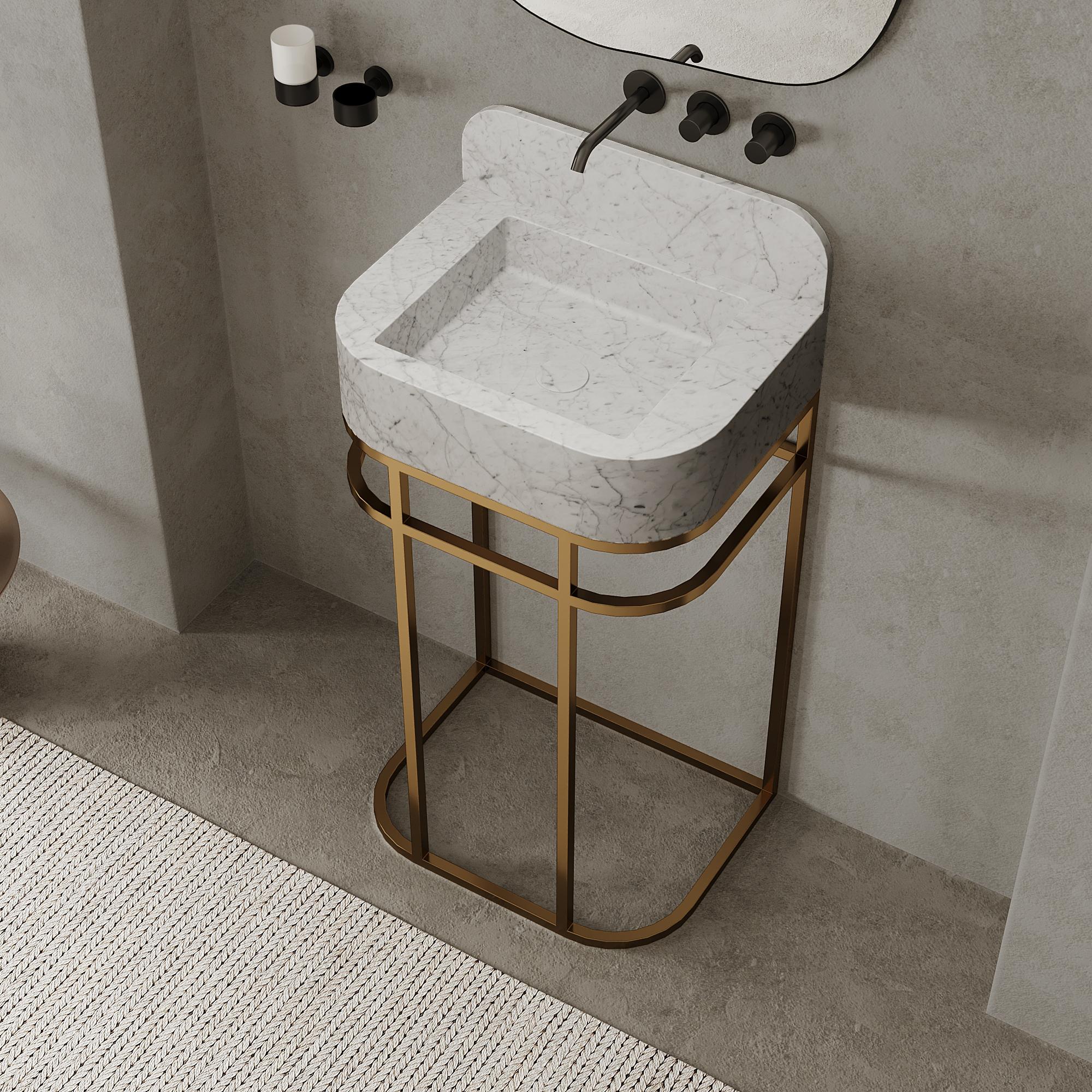 Fait main Vanity de salle de bains Assens autoportante en marbre blanc de Carrare - Large en vente