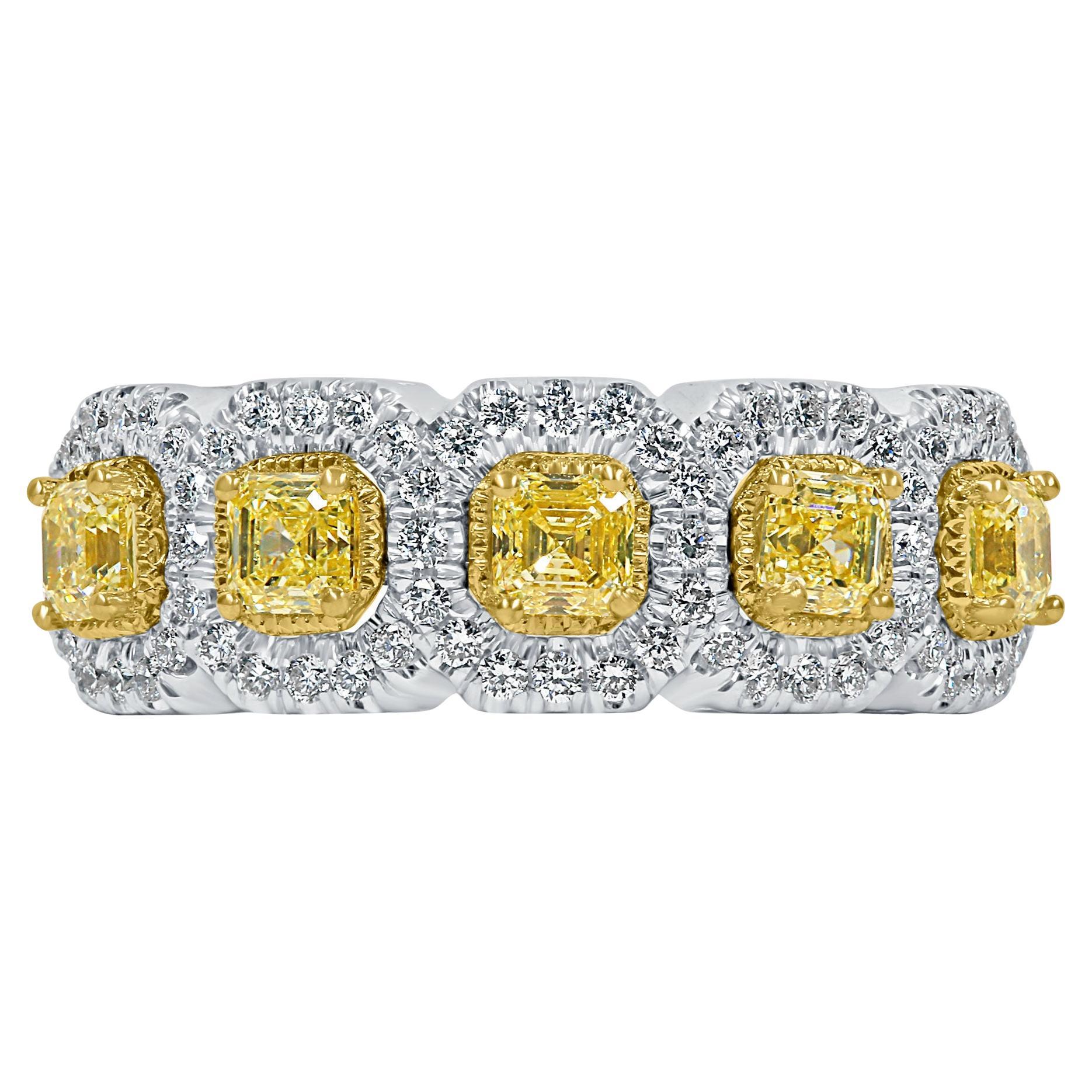 Assher Cut Yellow Diamond Wedding Band 14k White Gold 1.41 ctw