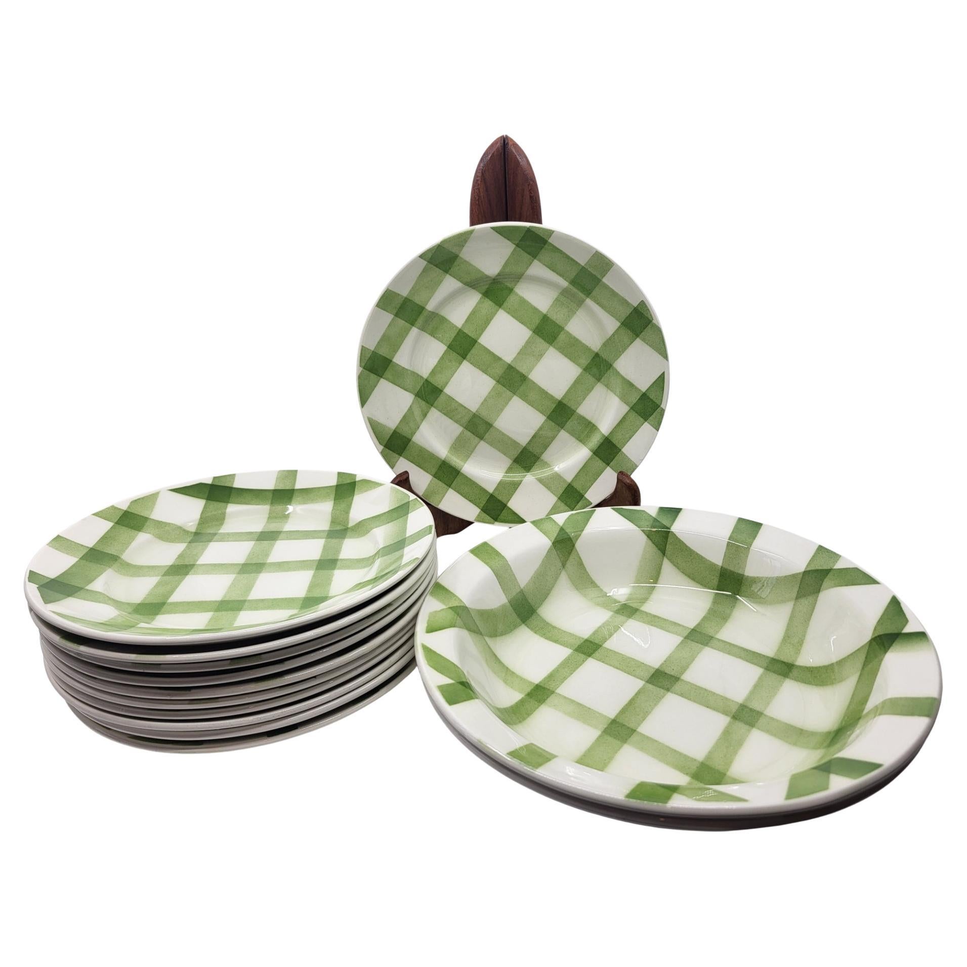 Assiettes et Plats Moulin des Loups Orchies faïence décor vichy Vert (Set de 13)